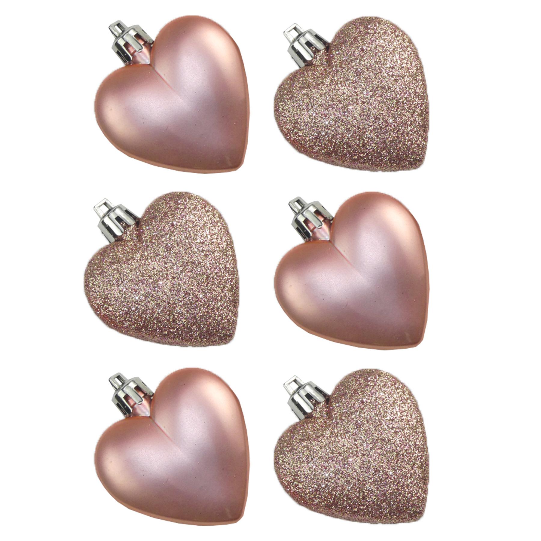 Christmas Tree Decorations 6 Pack Hanging Hearts 50mm - Rose Gold