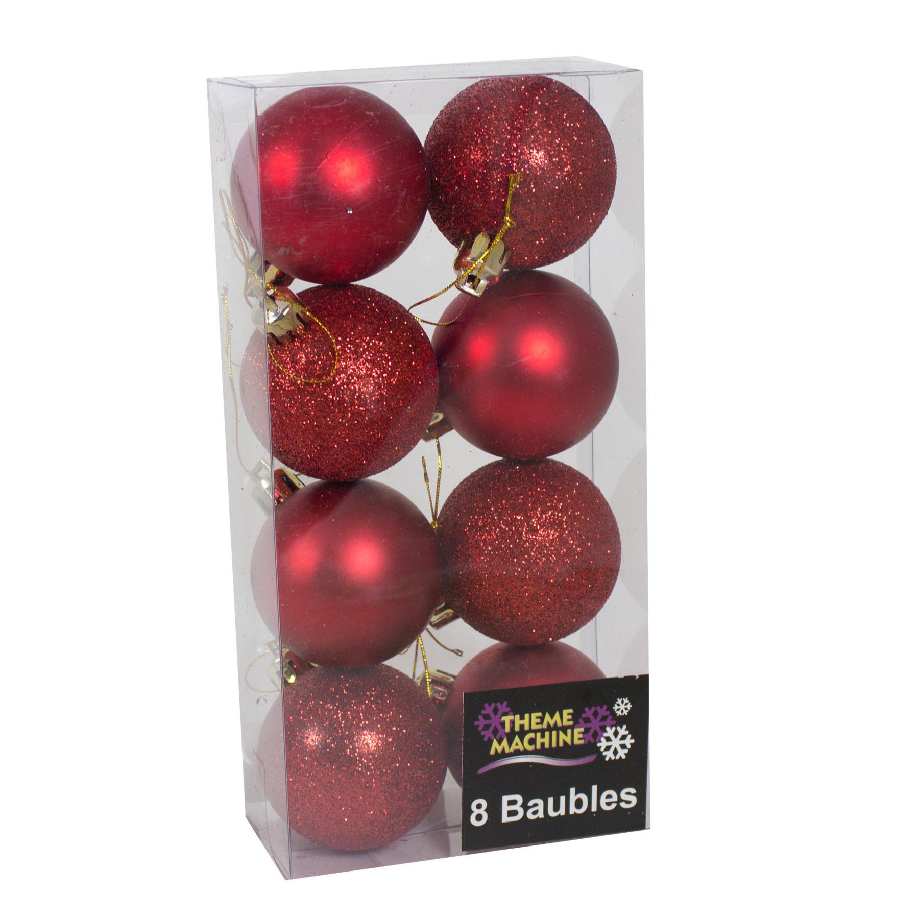 Christmas Tree Decorations 8 Pack 50mm Baubles Glitter and Plain Red