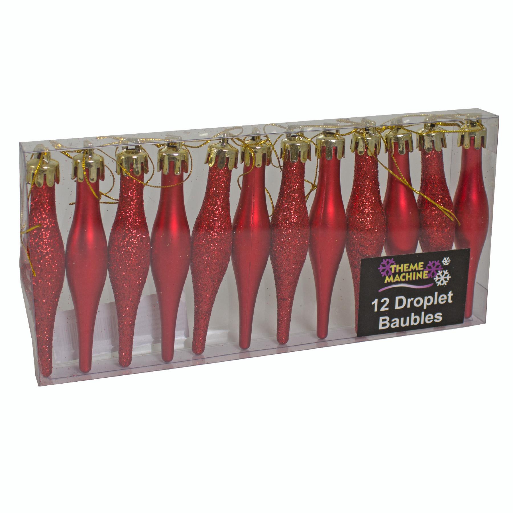 Christmas Tree Decorations 12 Pack 90mm Droplets Glitter / Plain Red