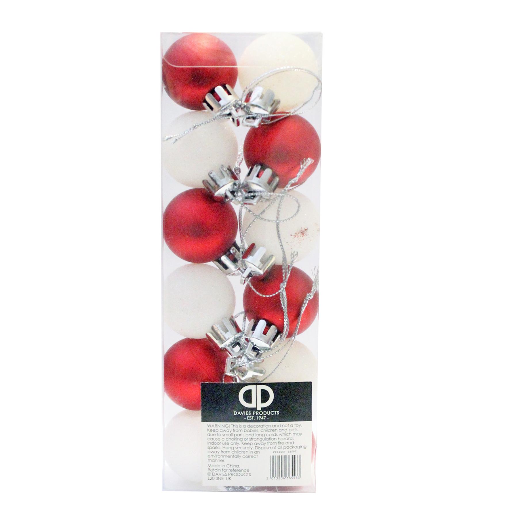 Christmas Tree Decorations 12 Pack 30mm Baubles Glitter / Plain Red and White