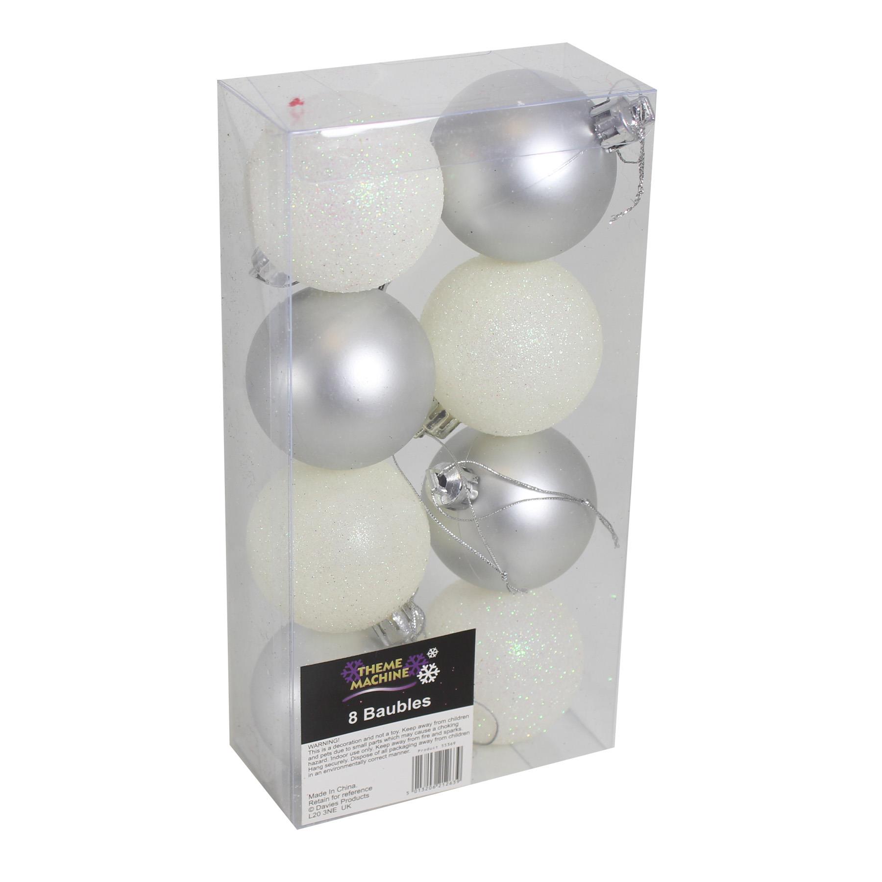 Christmas Tree Decorations 8 Pack 50mm Baubles Glitter / Plain Silver and White