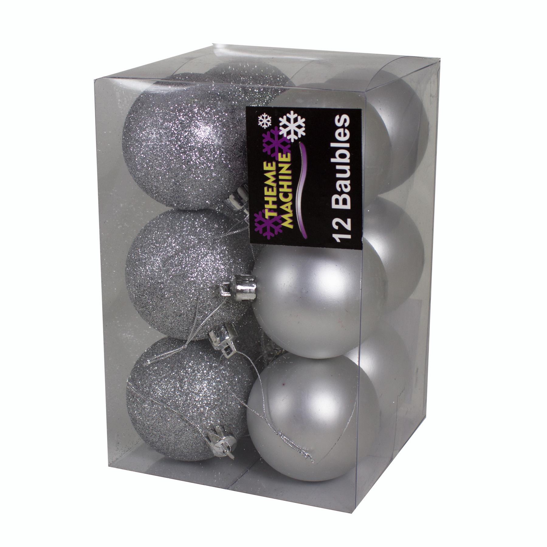 Christmas Tree Decorations 12 Pack 60mm Baubles Glitter / Plain Silver