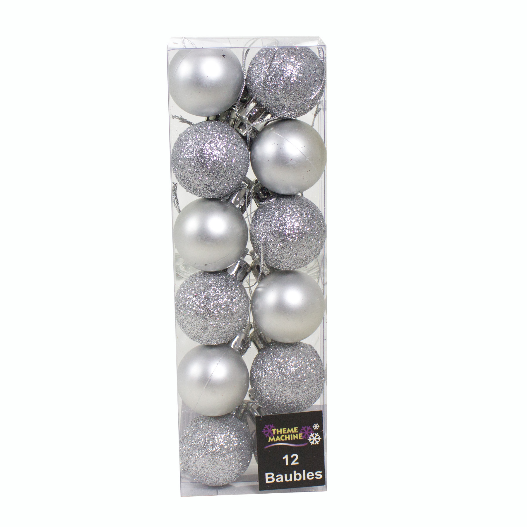 Christmas Tree Decorations 12 Pack 30mm Baubles Glitter / Plain Silver