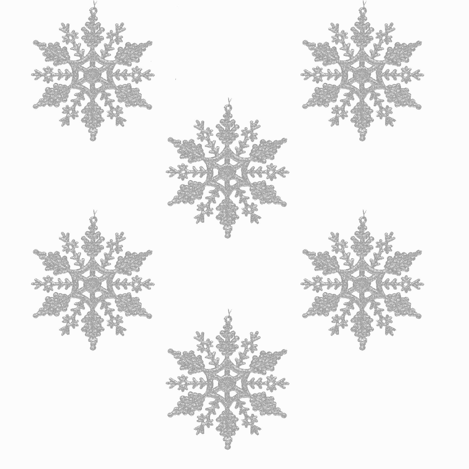 Christmas Tree Decorations 6 Pack Glitter Snowflakes Silver