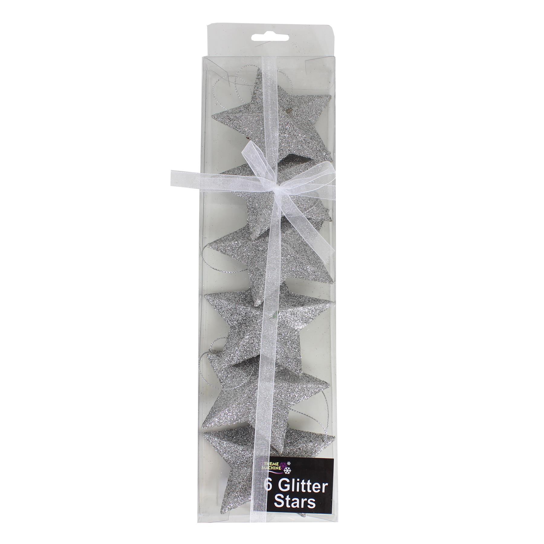 Christmas Silver 6 Pack 80mm Glitter Stars Tree Decorations