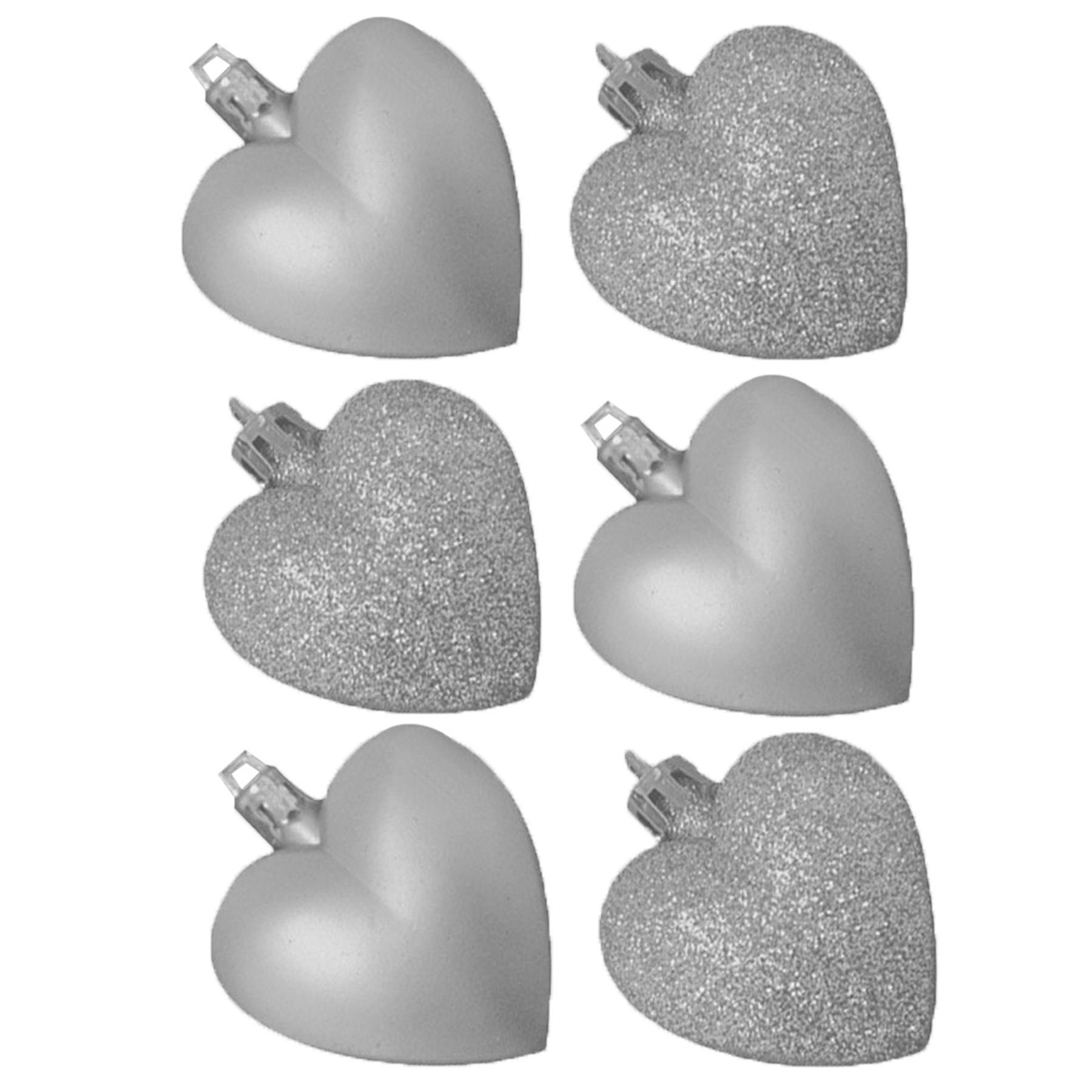 Christmas Tree Decorations 6 Pack Hanging Hearts 50mm - Silver