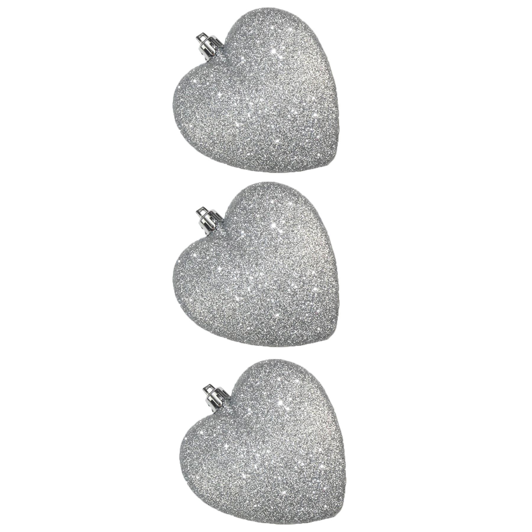 Christmas Tree Decorations 3 Pack 90mm Glitter Hearts Silver