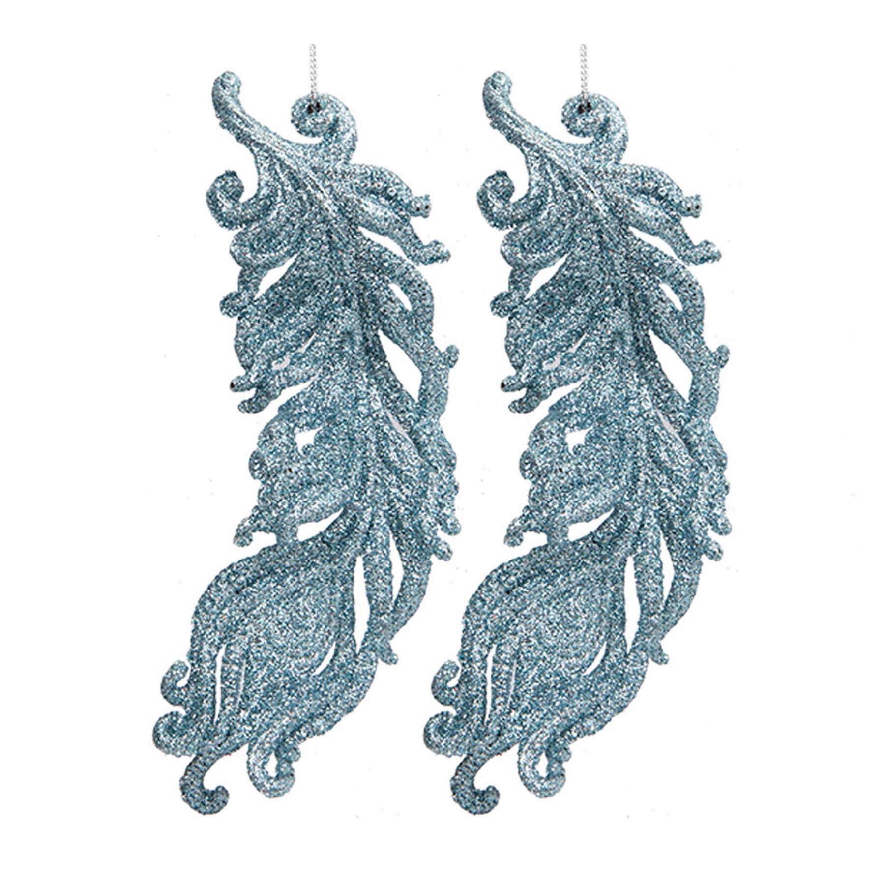 Ice Blue Glitter Christmas Tree Decoration 2 Pack Leaf Leaves Feathers