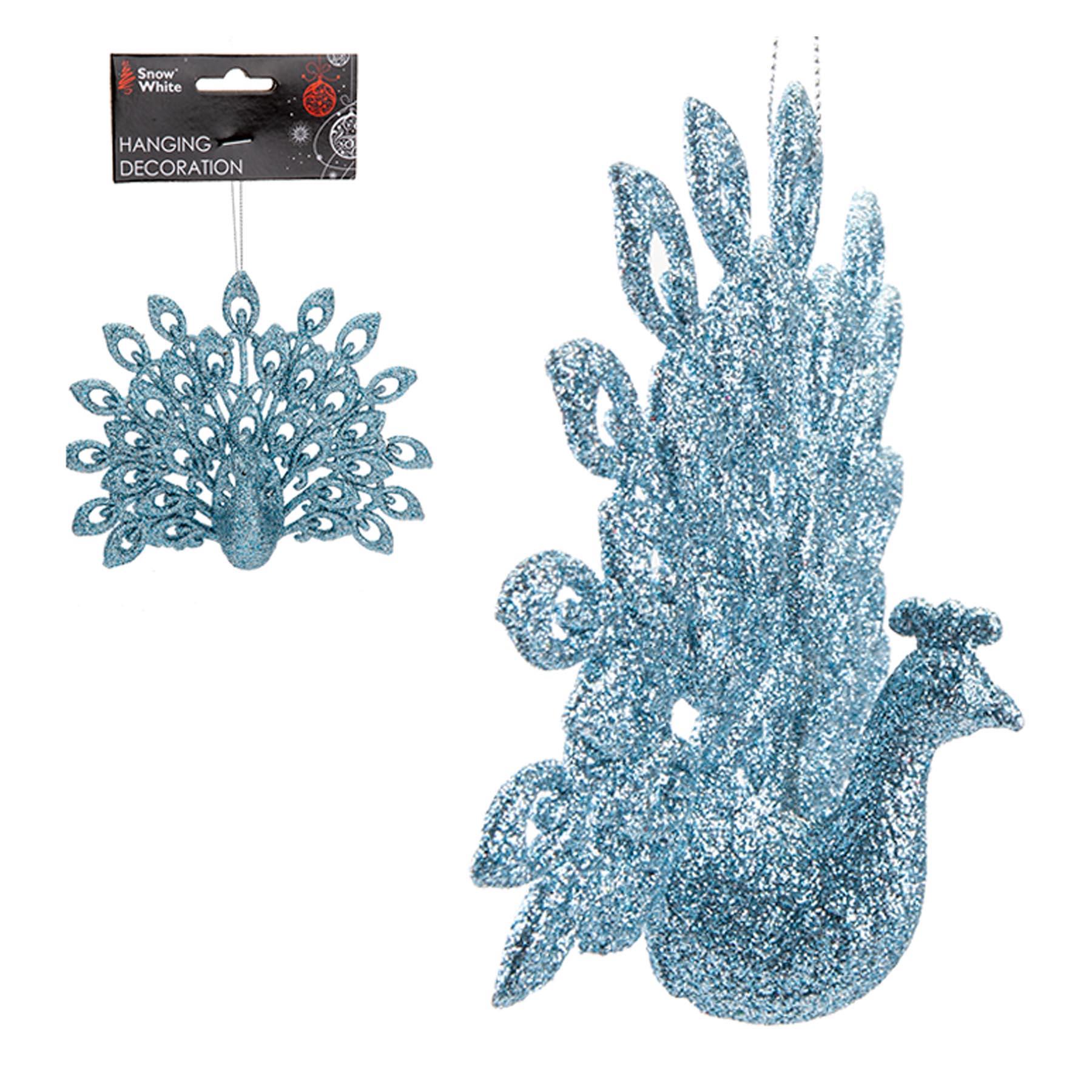 Christmas Tree Decoration 15cm Peacock Bird Ice Blue Glitter