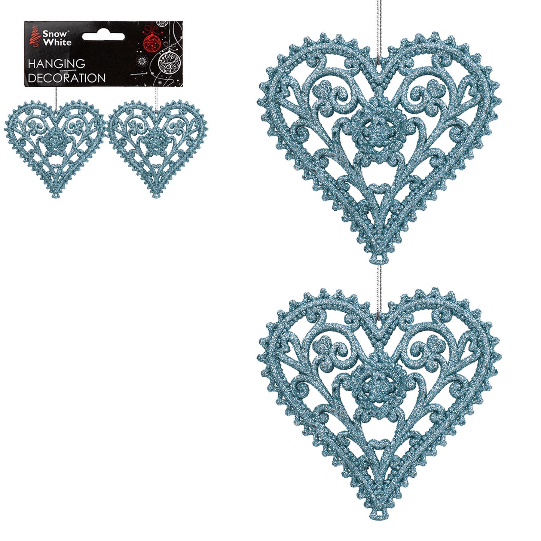Christmas Tree Decoration 2 Pack Hearts Ice Blue Glitter