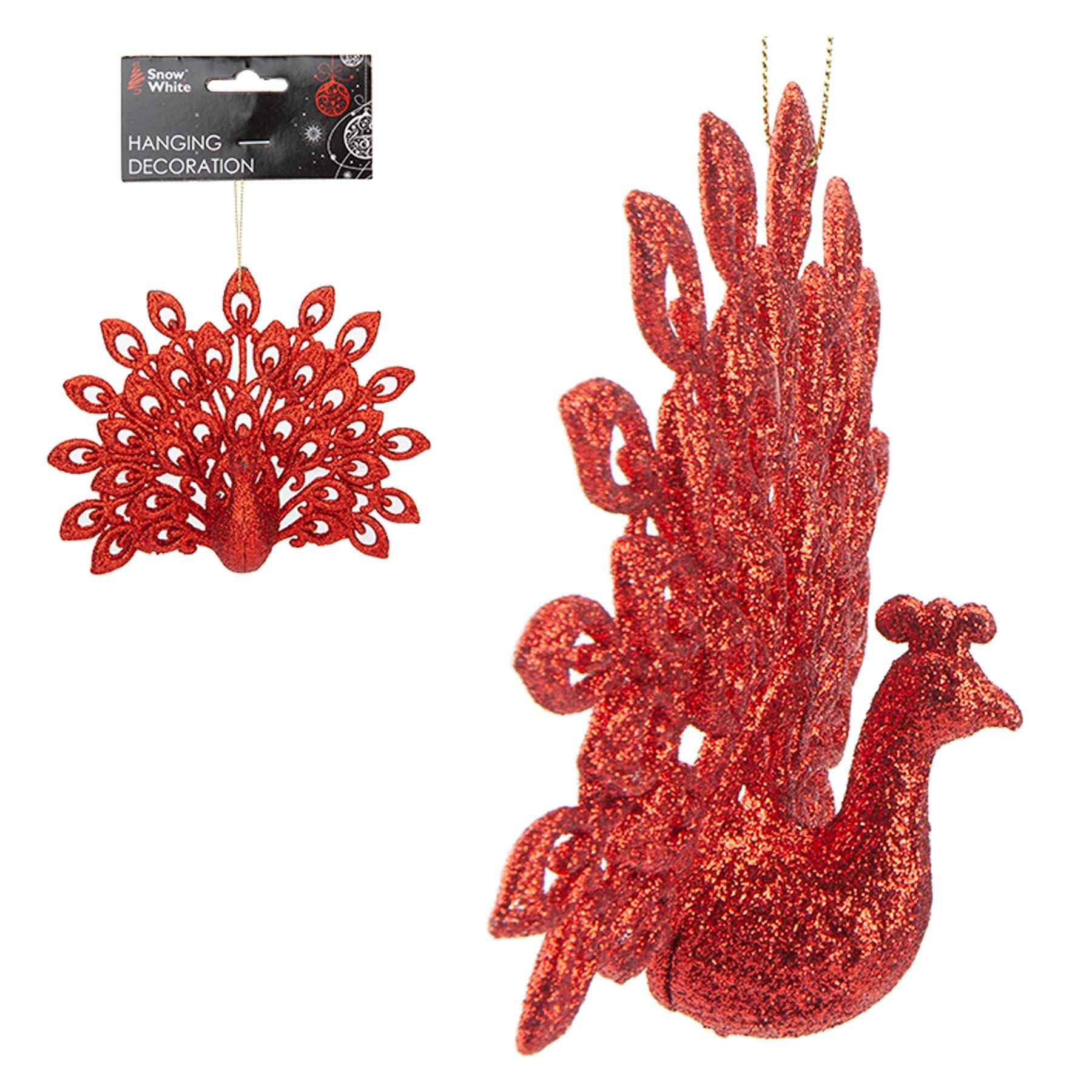 Christmas Tree Decoration 15cm Peacock Bird Red Glitter