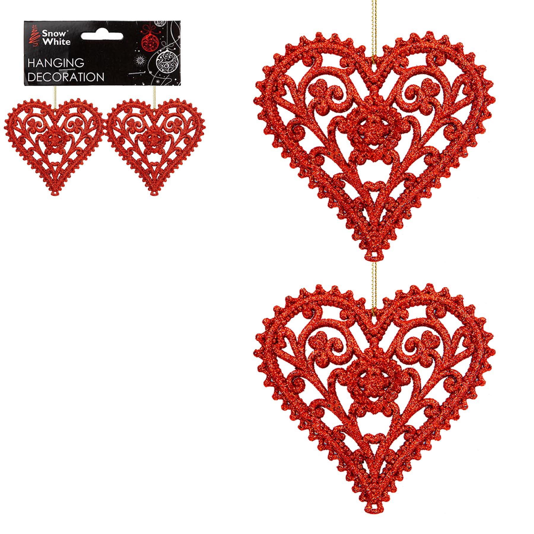 Christmas Tree Decoration 2 Pack Hearts Red Glitter