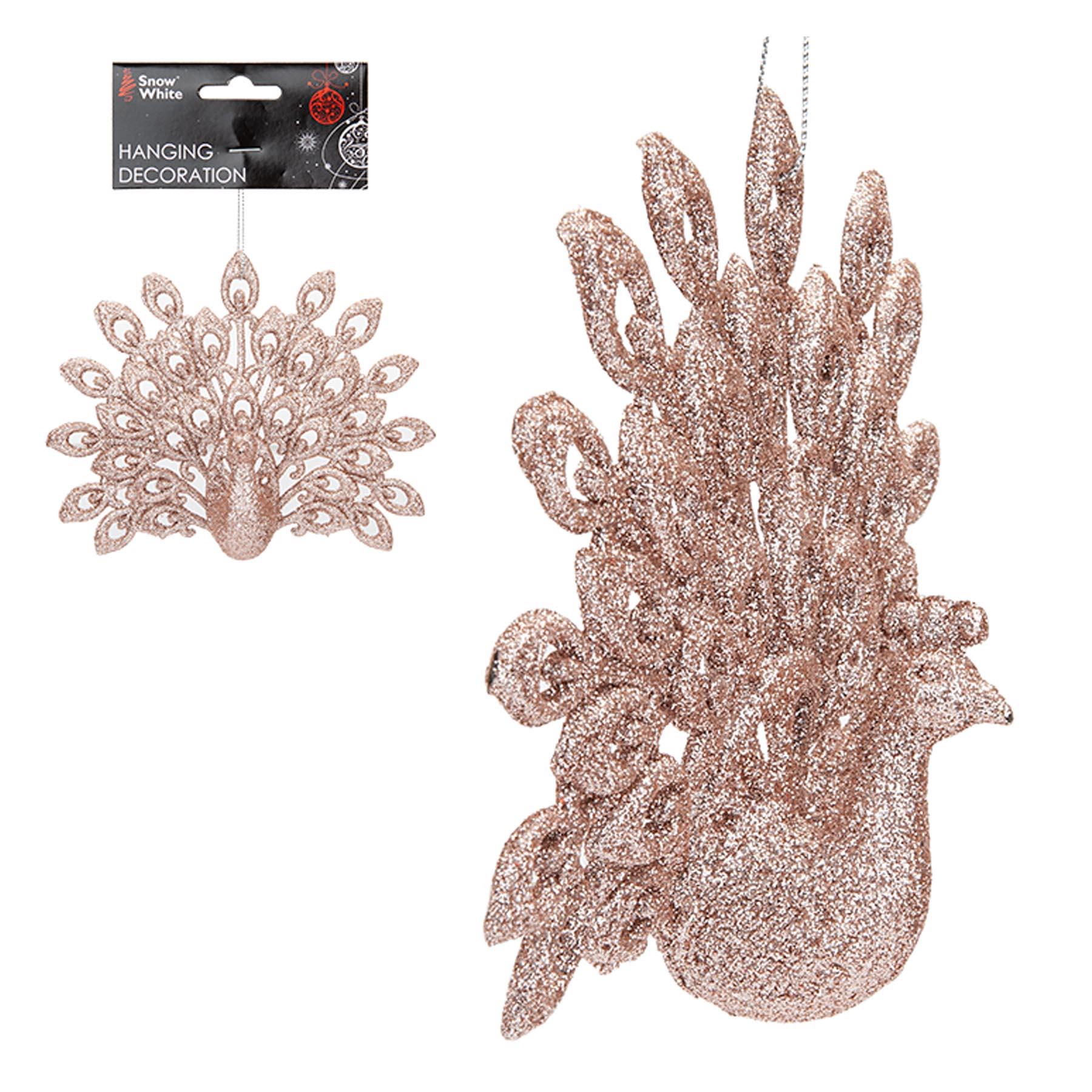 Christmas Tree Decoration 15cm Peacock Bird Rose Gold Glitter