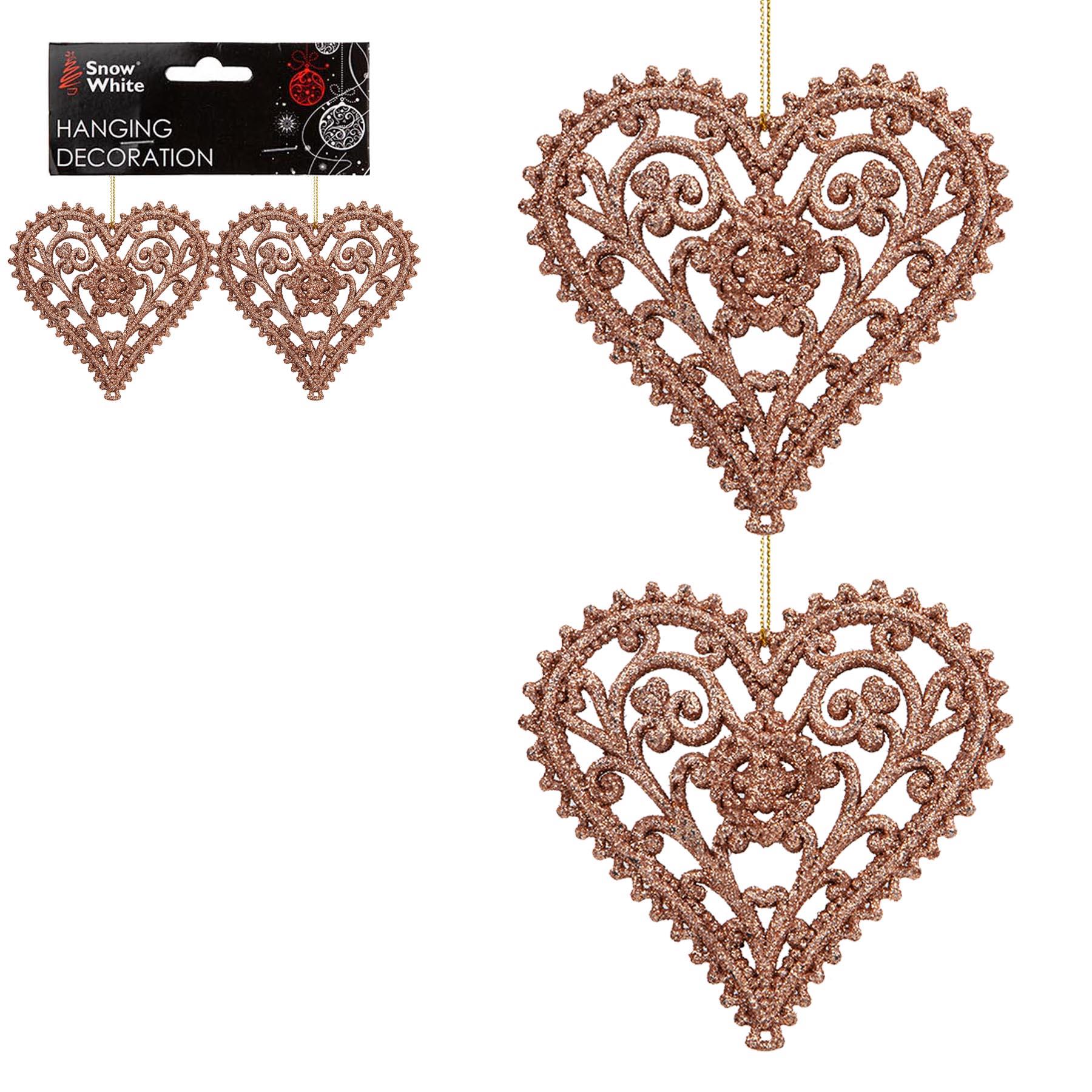 Christmas Tree Decoration 2 Pack Hearts Rose Gold Glitter