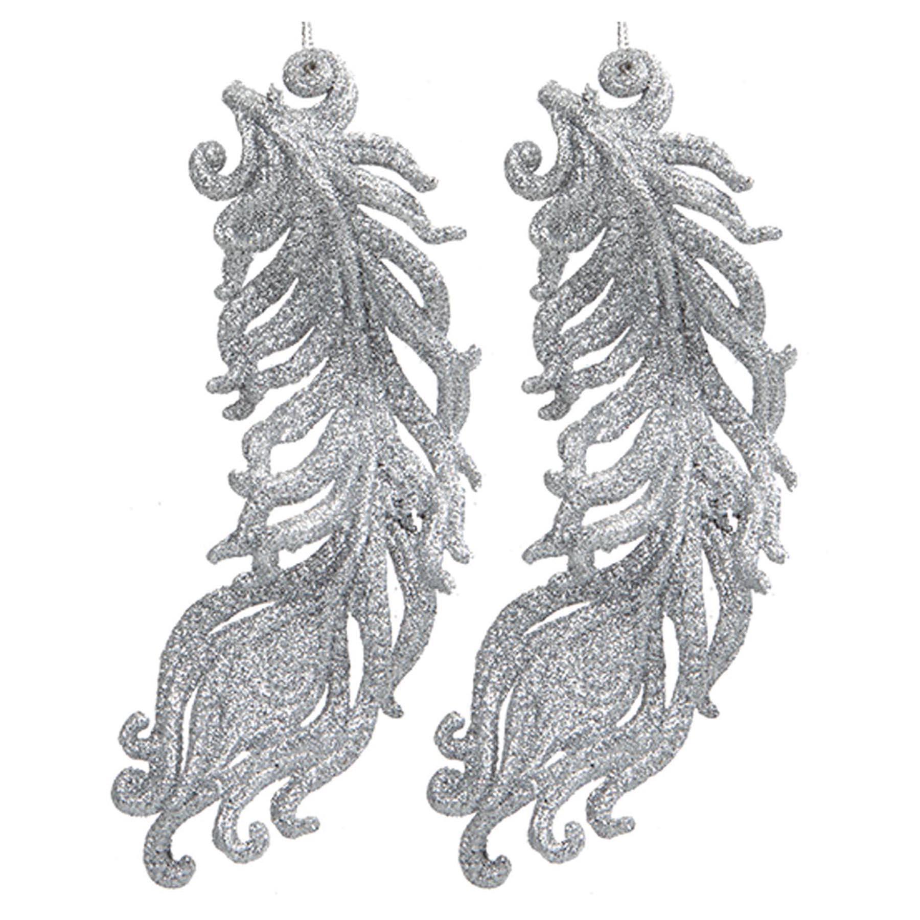 Christmas Tree Decoration 2 Pack Leaf Leaves Feathers Silver Glitter