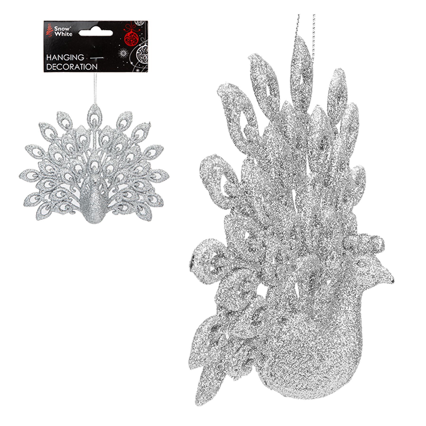 Christmas Tree Decoration 15cm Peacock Bird Silver Glitter