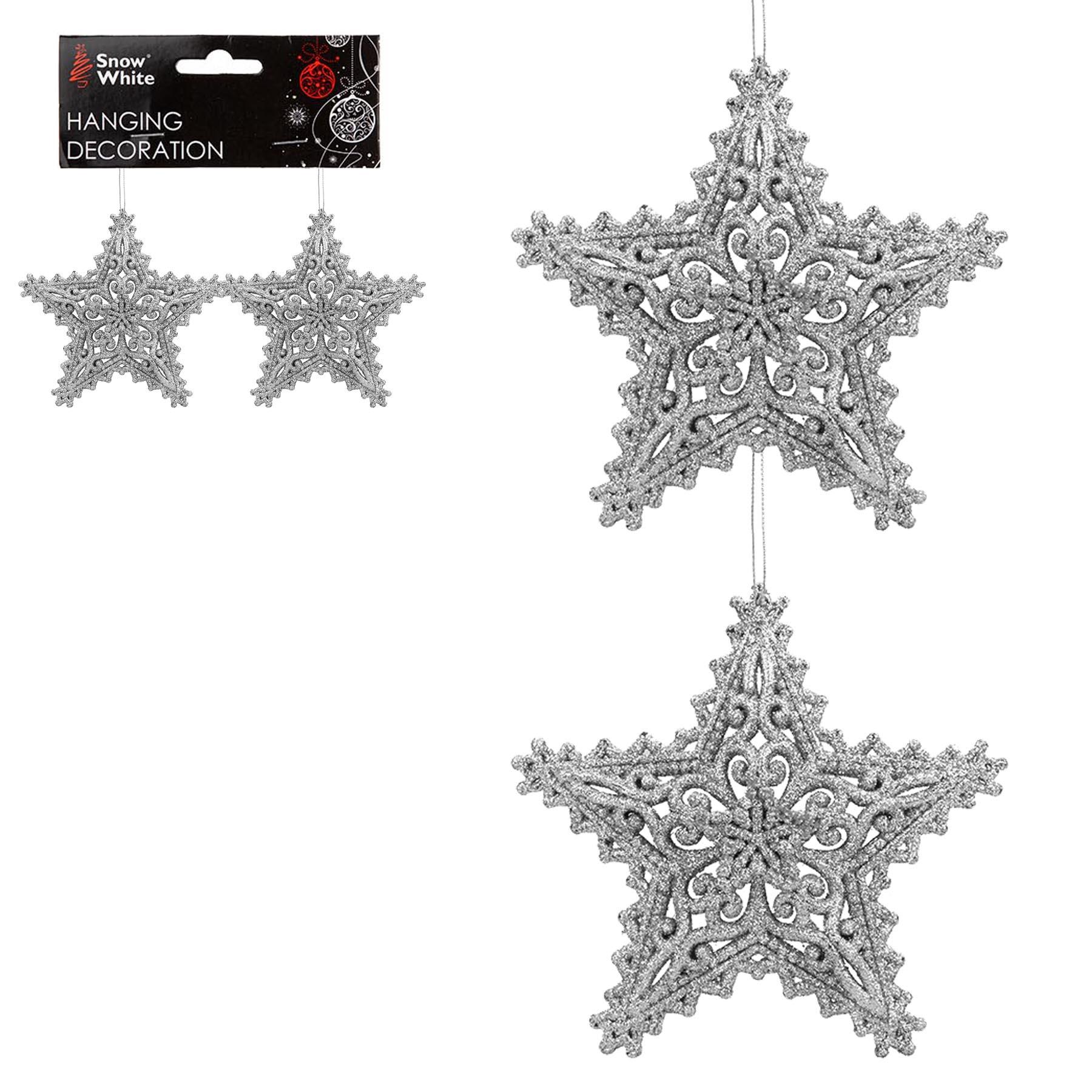 Christmas Tree Decoration 2 Pack Stars Silver Glitter