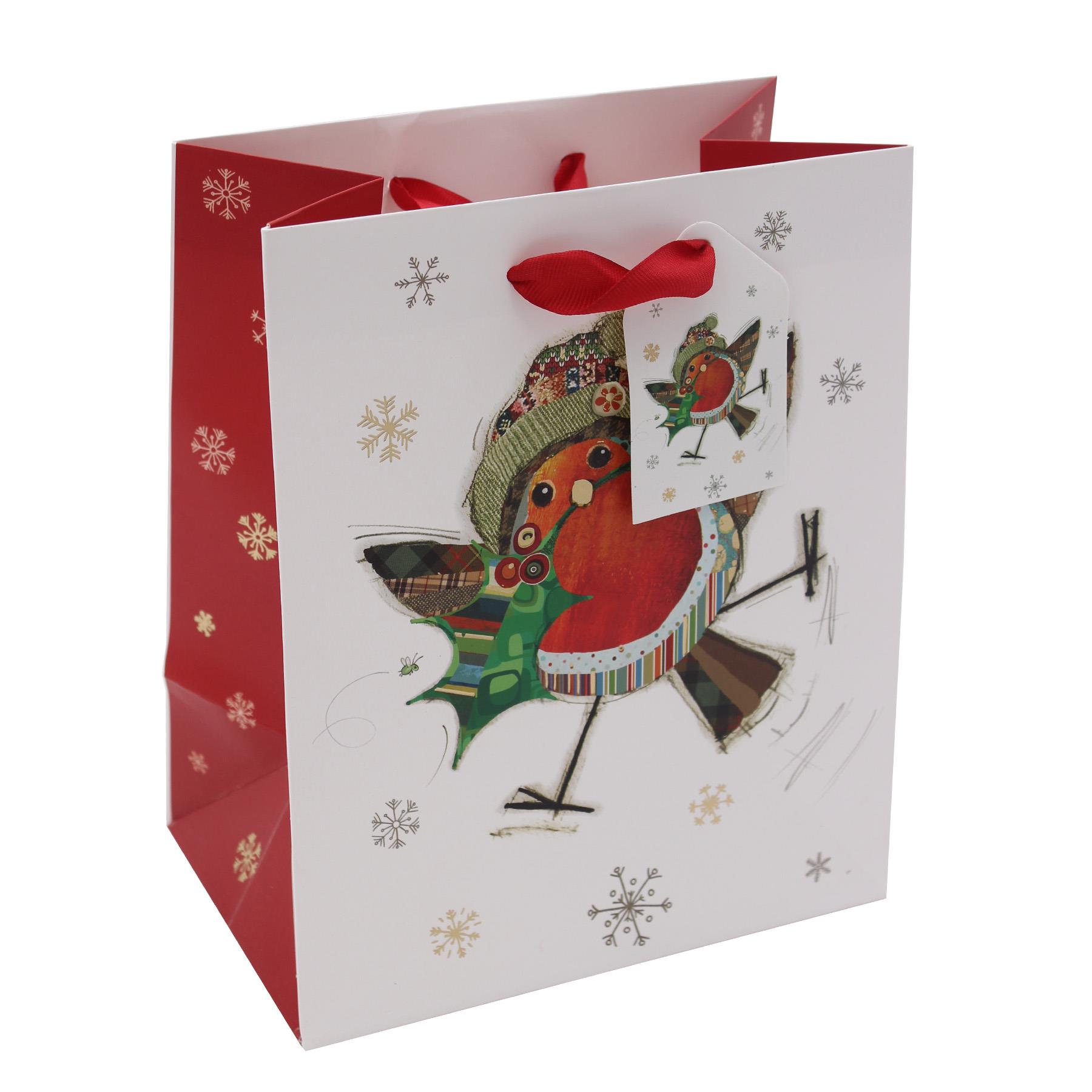 Christmas Gift Bag with Tag Robin Bug Art 23cm x 19cm