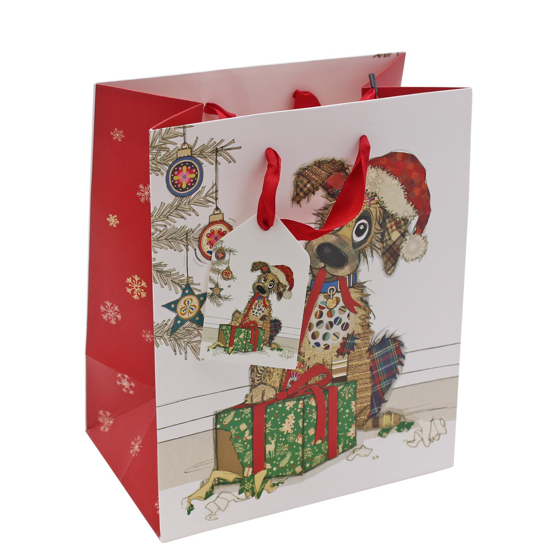 Christmas Gift Bag with Tag Dog Bug Art 23cm x 19cm