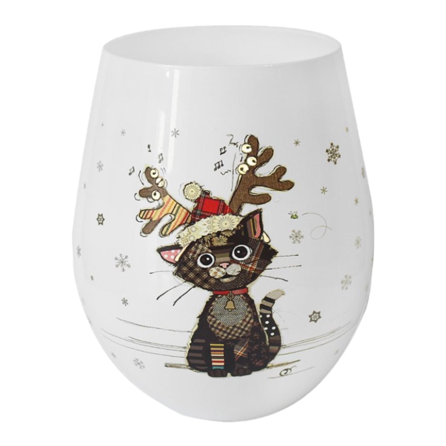 Christmas Stemless Wine Glass Bug Art Tableware - Cat Kitten