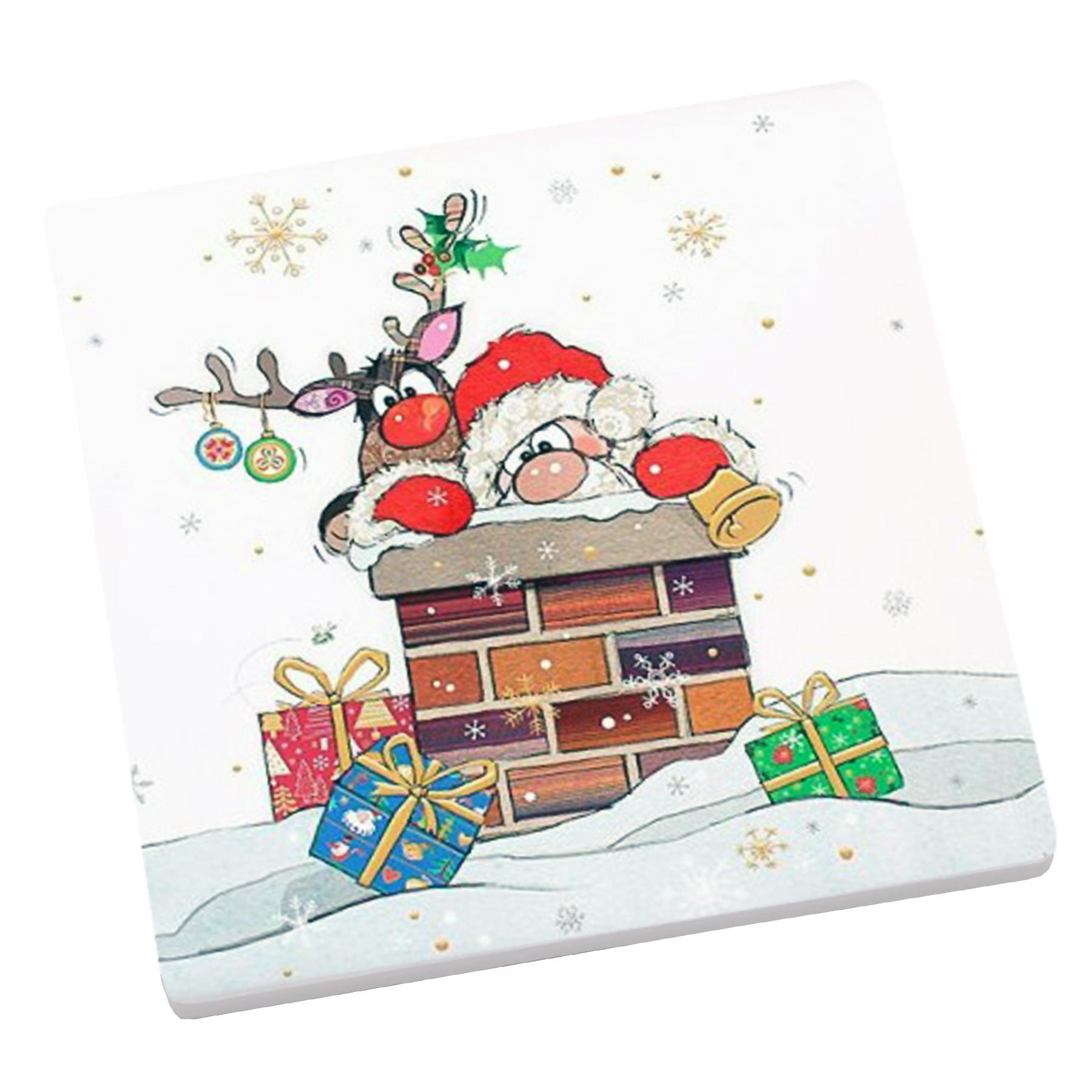 Christmas Coaster Bug Art Tableware Ceramic Cork Back - Santa on Roof