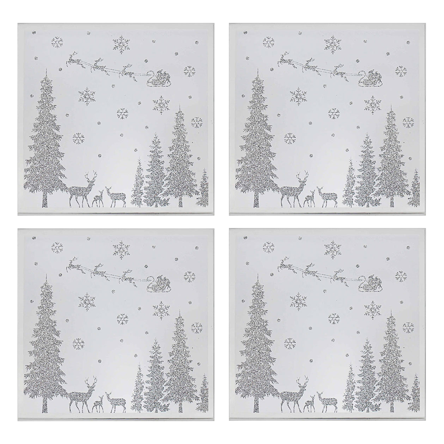 Christmas Set of 4 Glass Coasters Glitter Silver Woodland Design