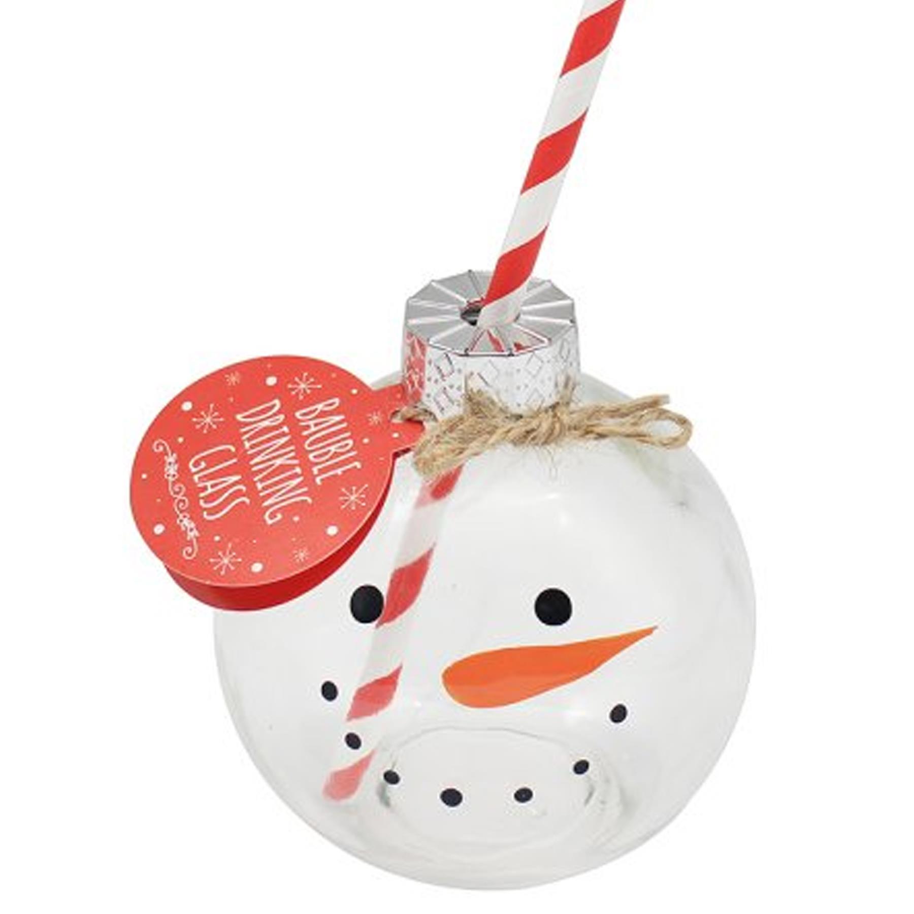 Set of 2 Christmas Character Glass Bauble Drinking Glass with Paper Straw