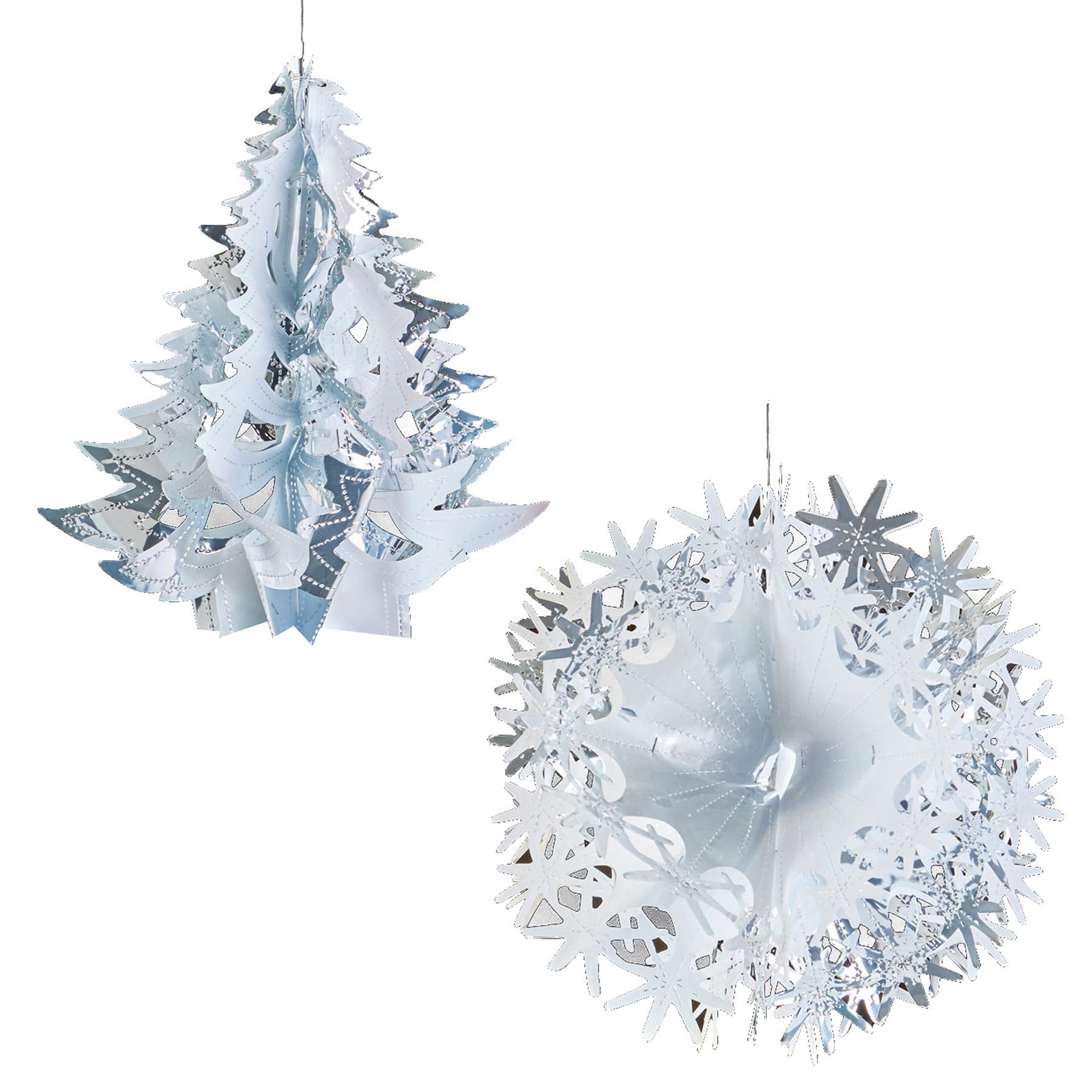 Christmas Foil Ceiling Decorations 2 Tone White / Silver - 30cm Tree and Ball Set