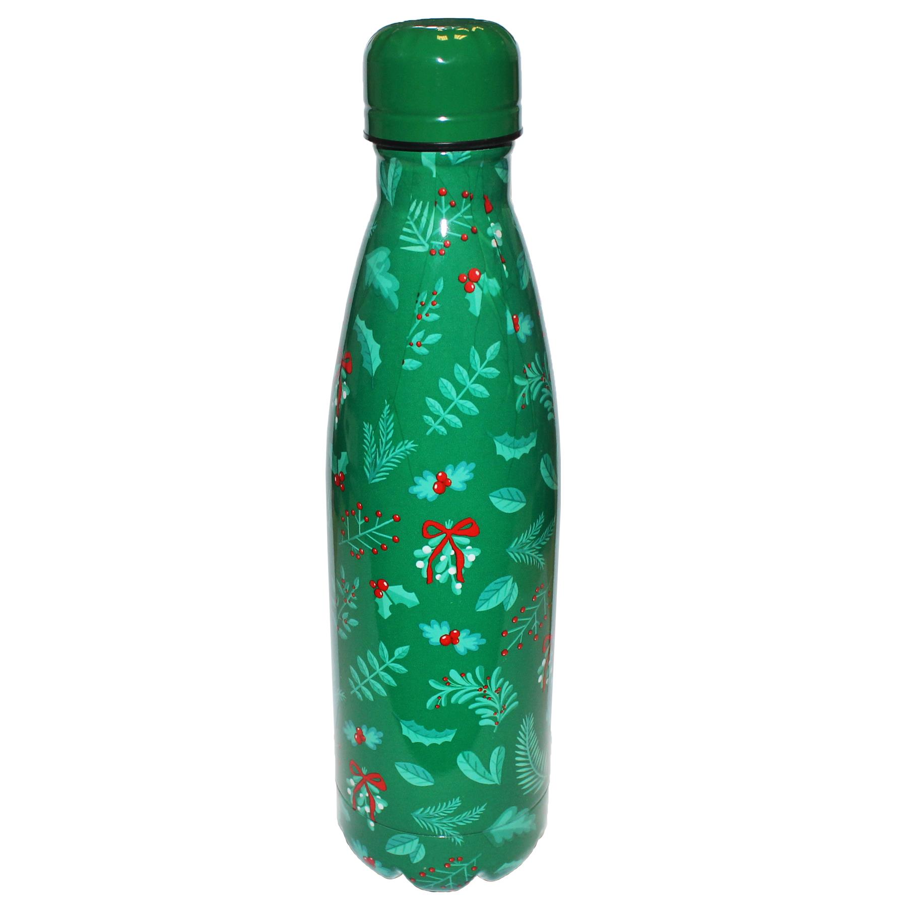 Christmas Drinks Bottle Double Wall Metal 500ml Water Bottle - Green Leaf and Holly