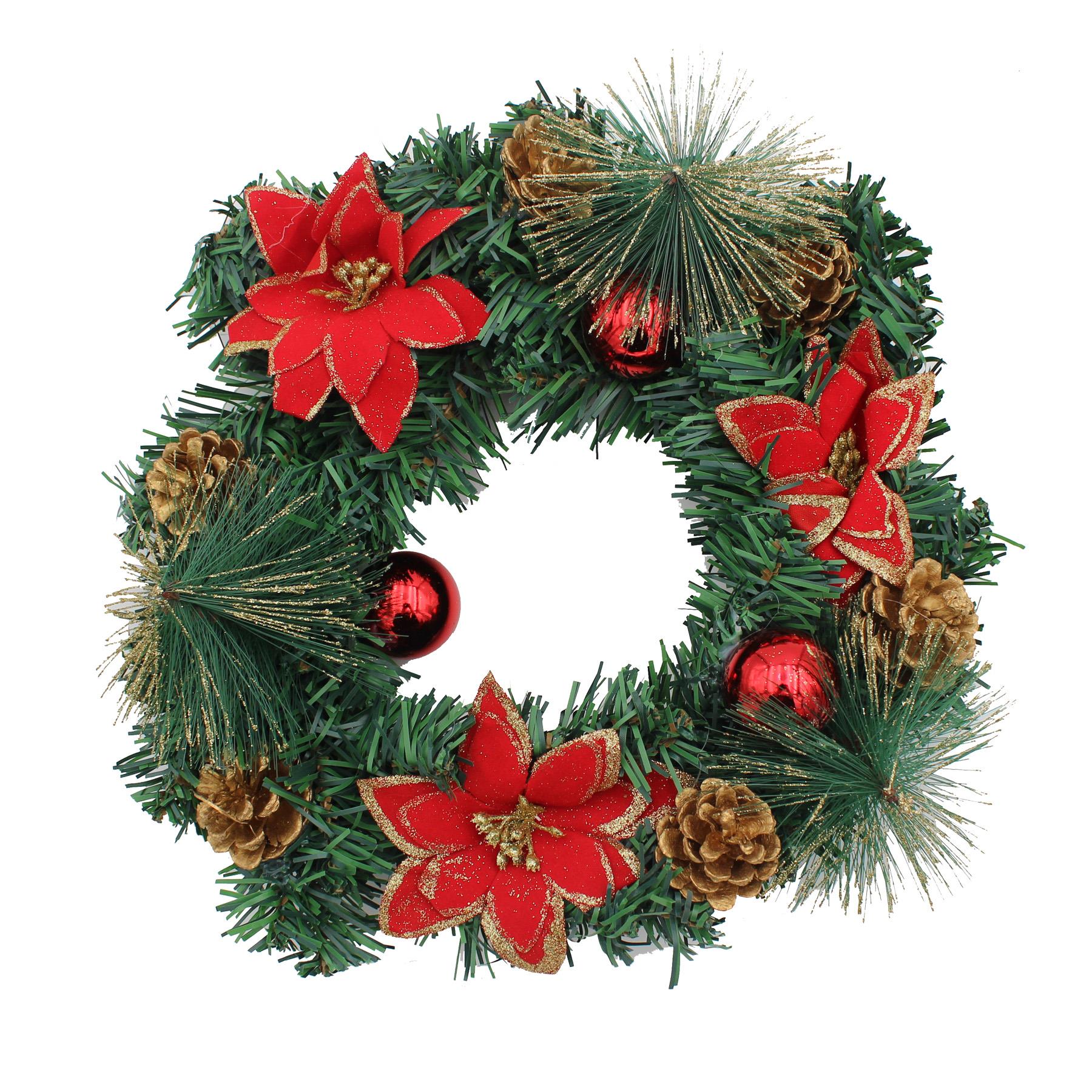 Christmas Wreath Artificial Spruce 12" 30cm Red Poinsettia Door Decoration