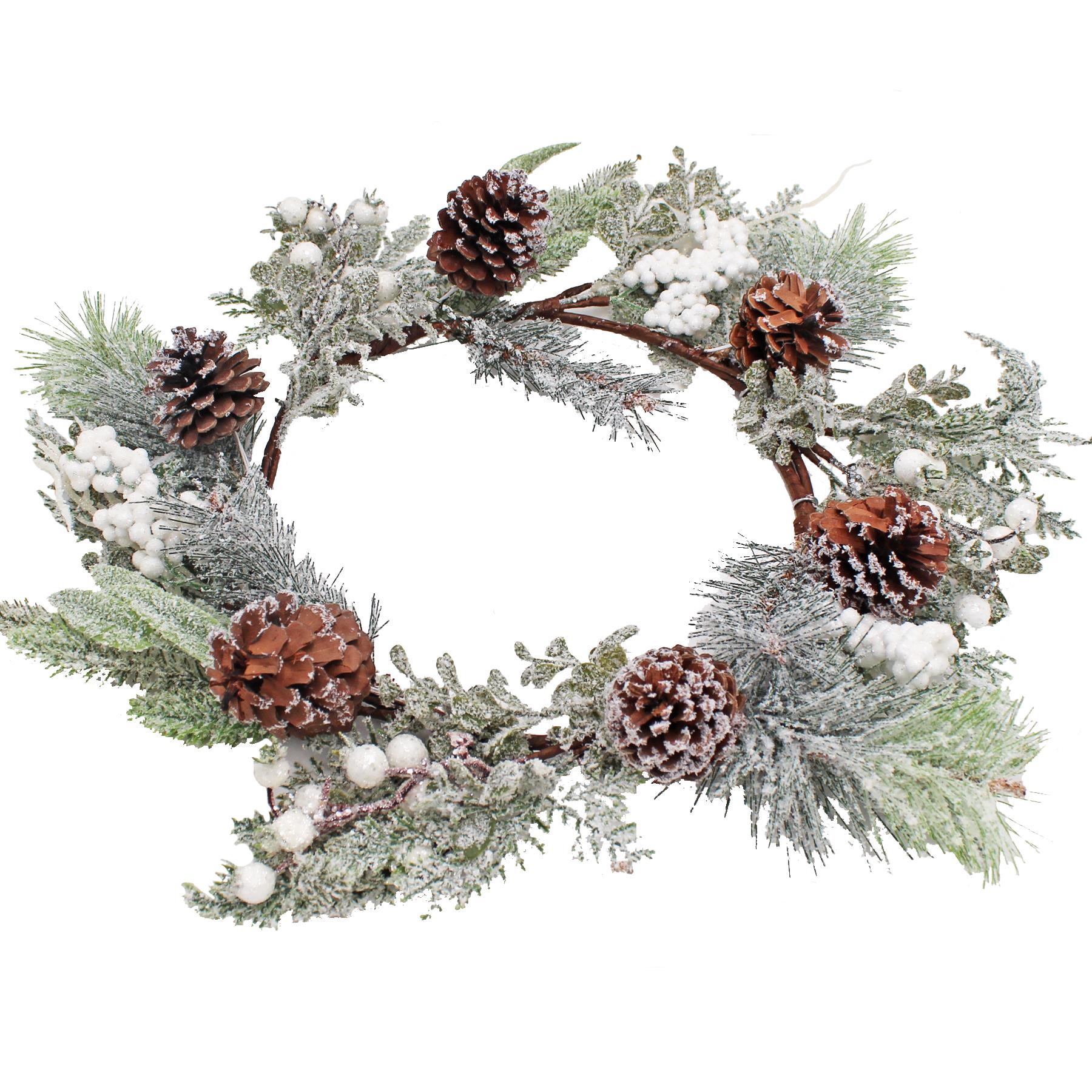 Christmas Frosted Wreath Decoration with White Berries / Pine Cones