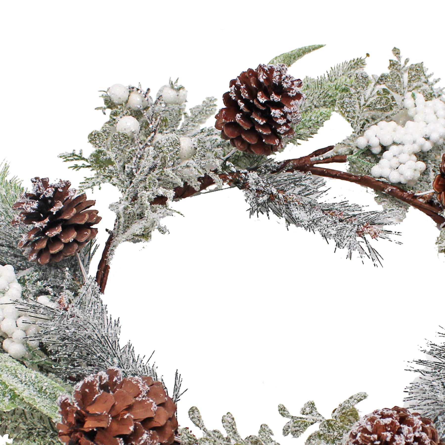 Christmas Frosted Wreath Decoration with White Berries / Pine Cones