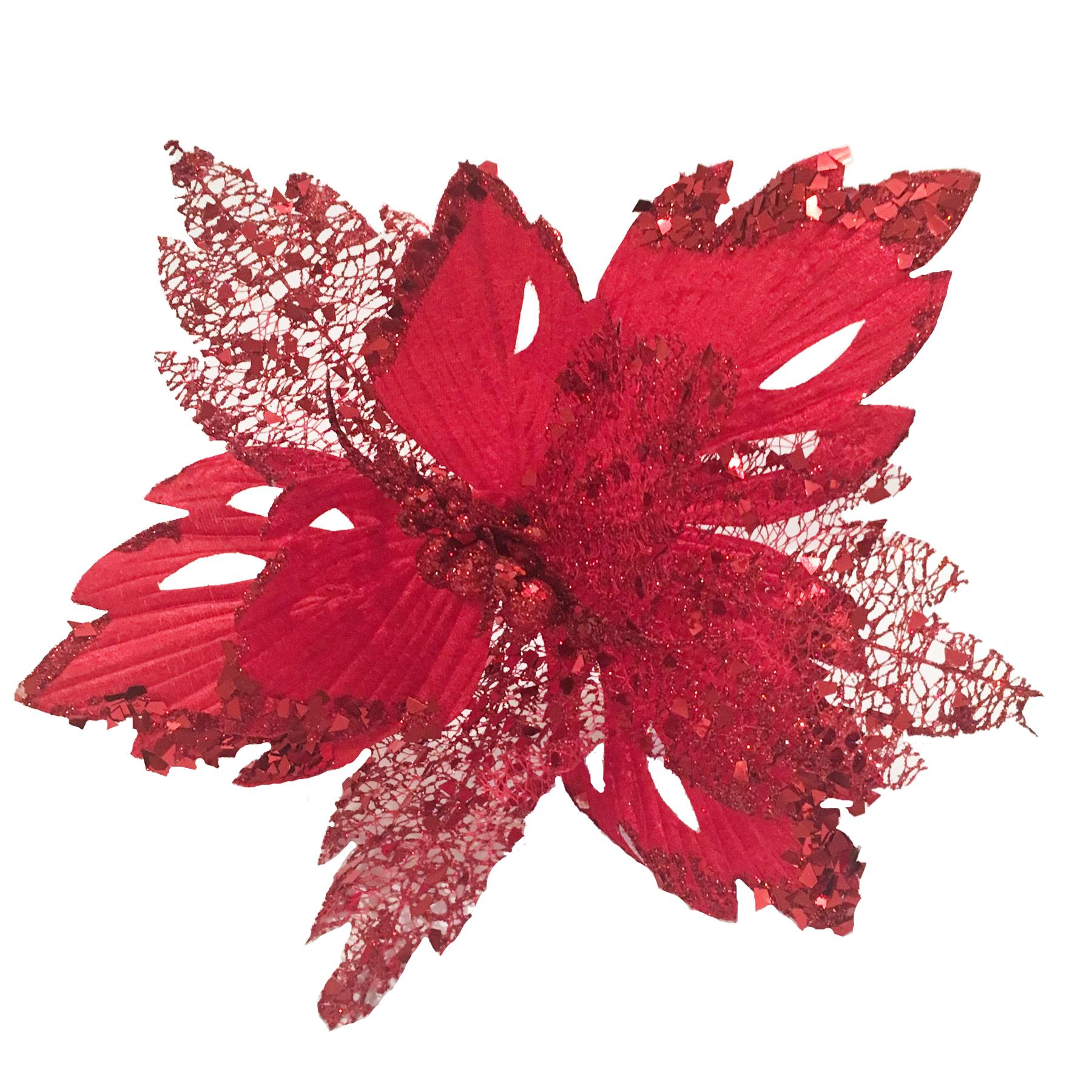 Christmas Glitter Poinsettia Decoration 30cm with Clip - Red