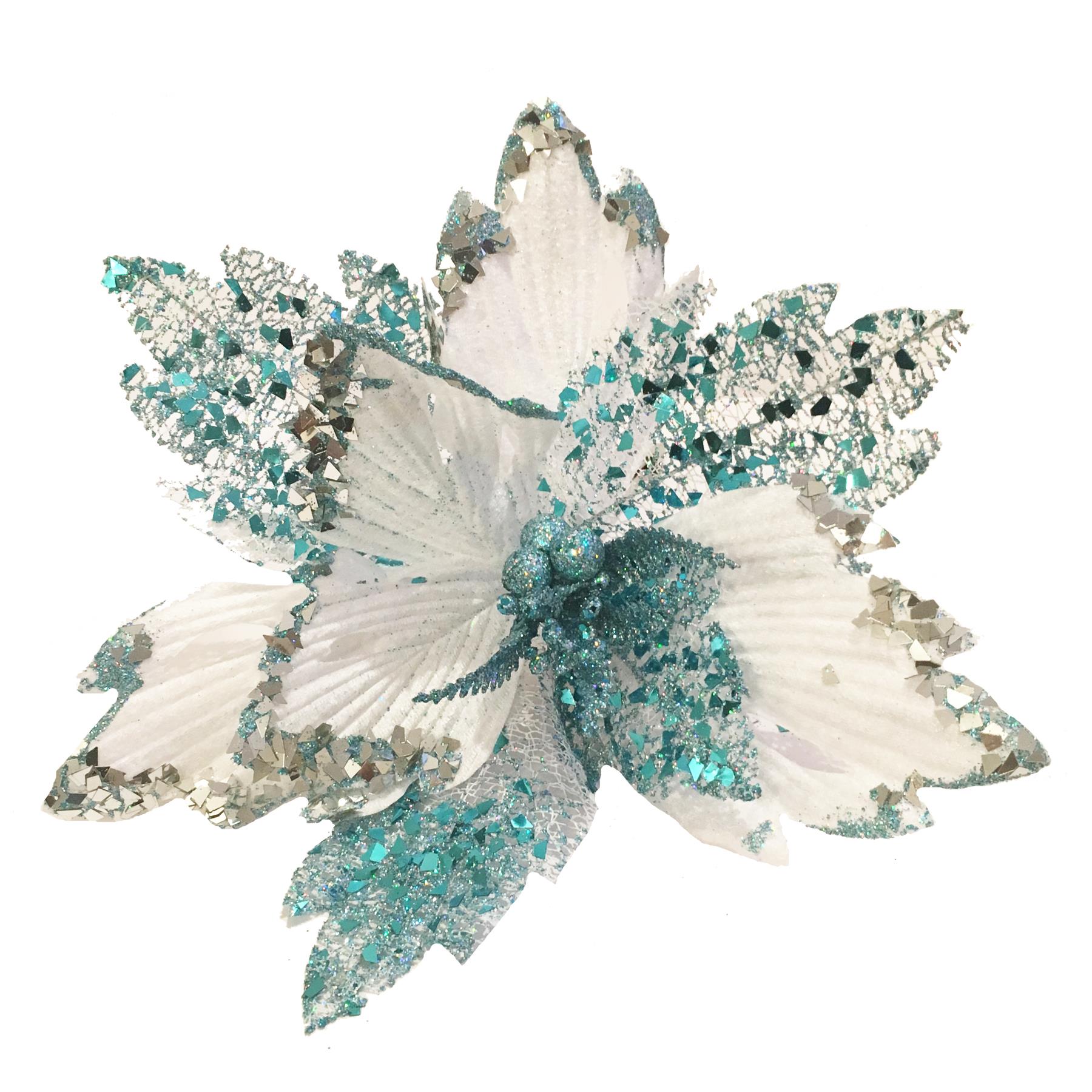 Christmas Glitter Poinsettia Decoration 30cm with Clip - Ice Blue