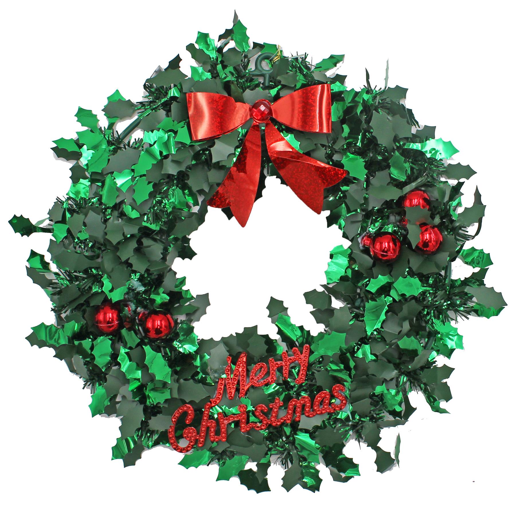 Christmas Holly Tinsel Wreath Decoration 25cm - Green