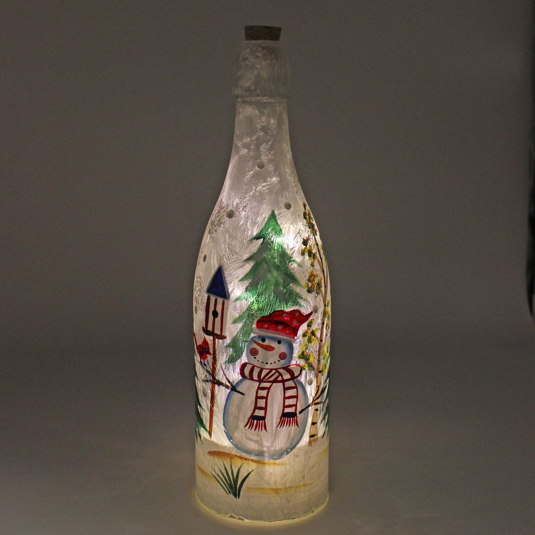Christmas 30cm Battery Light Up Glass Bottle with 10 LEDs - Snowman