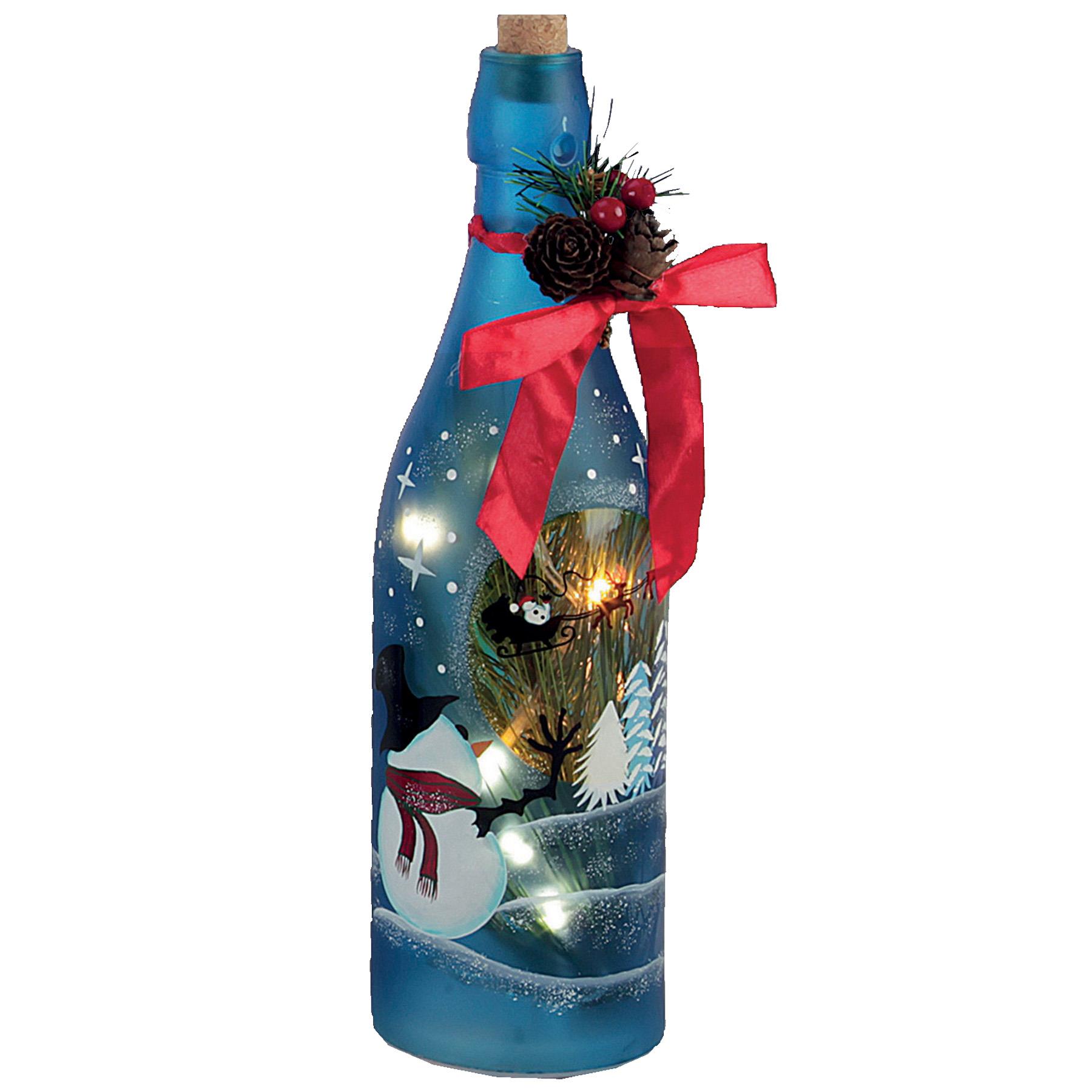 Christmas Decoration 29cm Battery Light Up Glass Bottle - Snowman