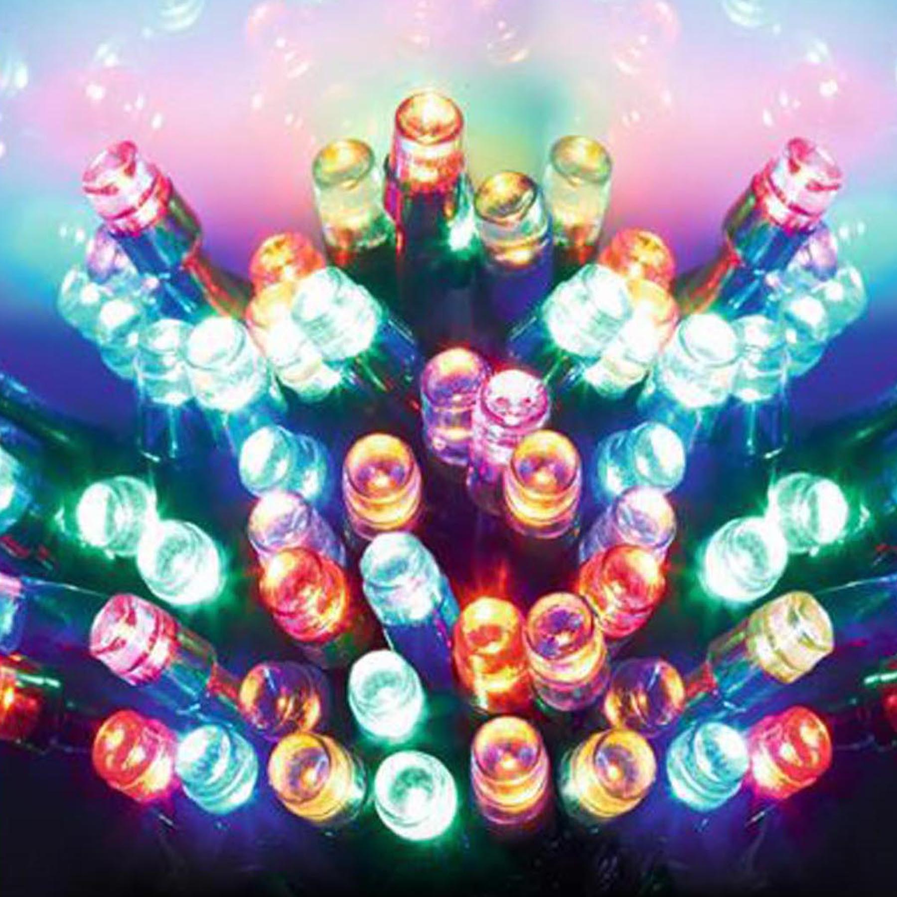 Christmas 100 Battery Timer LED Lights Green Cable Indoor or Outdoor - Multi Colour