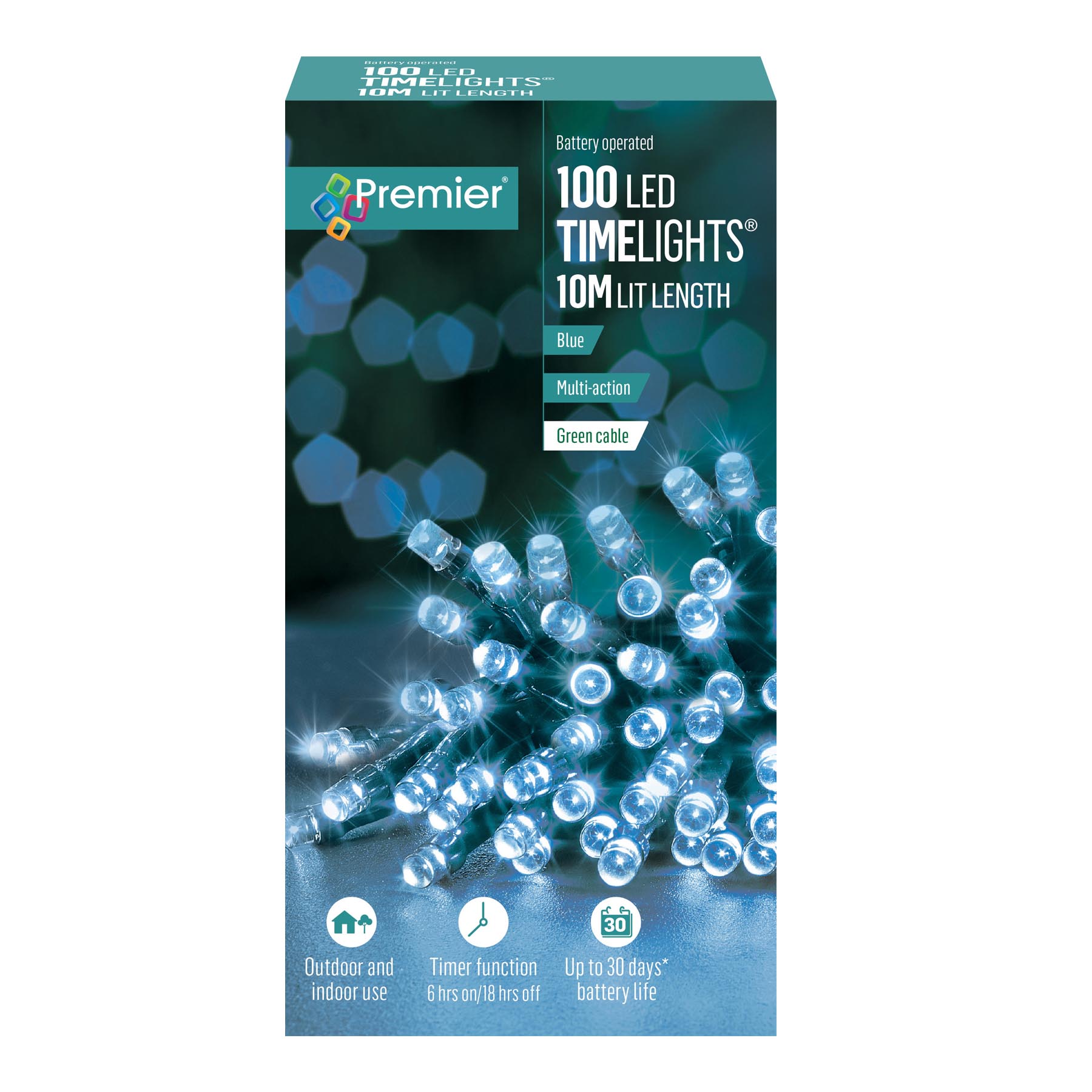 Christmas 100 Battery Timer LED Lights Green Cable Indoor or Outdoor - Blue