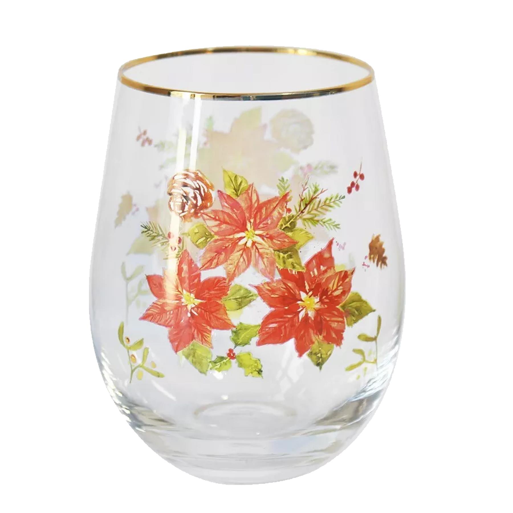 Christmas Festive Tumbler Glass Stemless Wine Glass Poinsettia Design