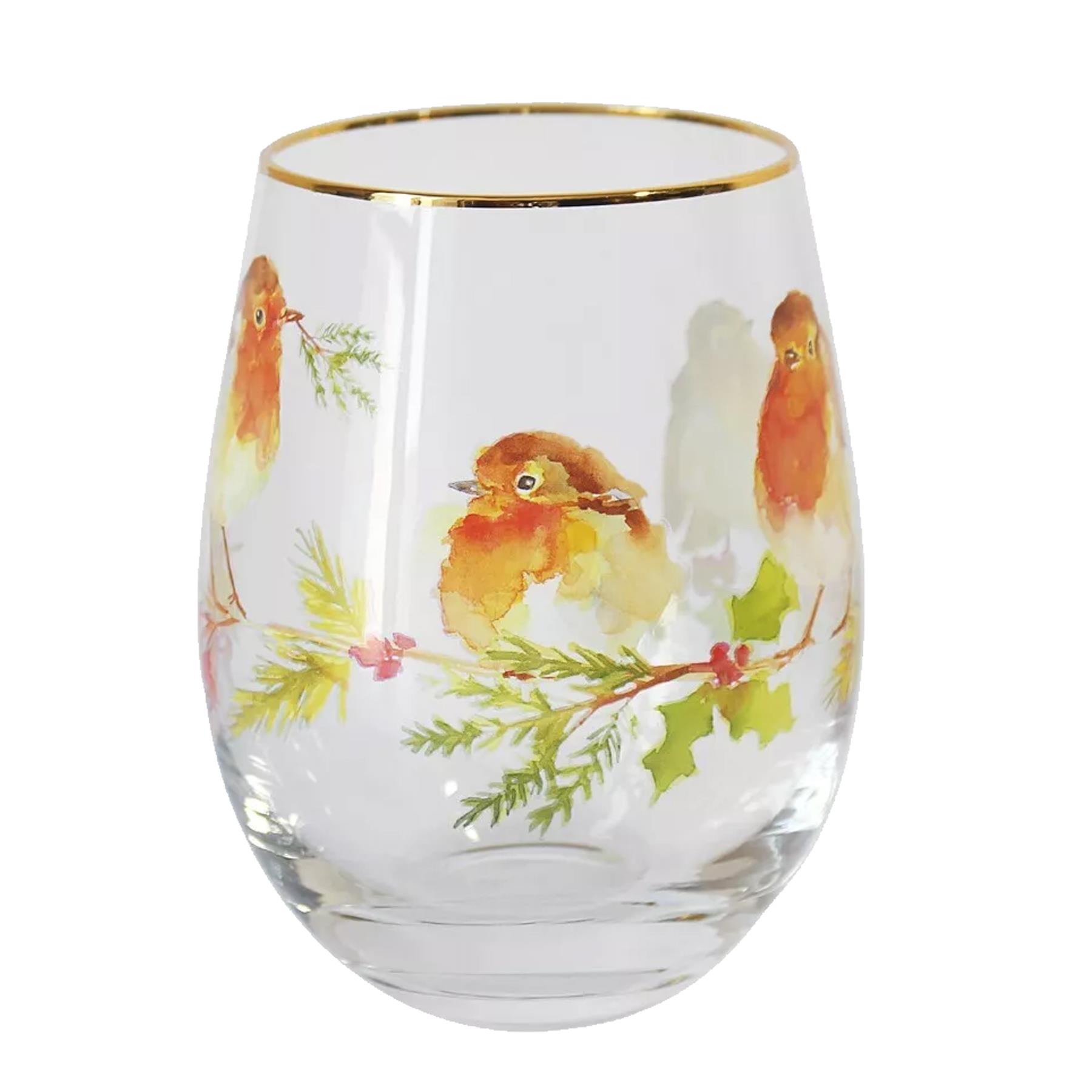 Christmas Festive Tumbler Glass Stemless Wine Glass Robin with Berries Design