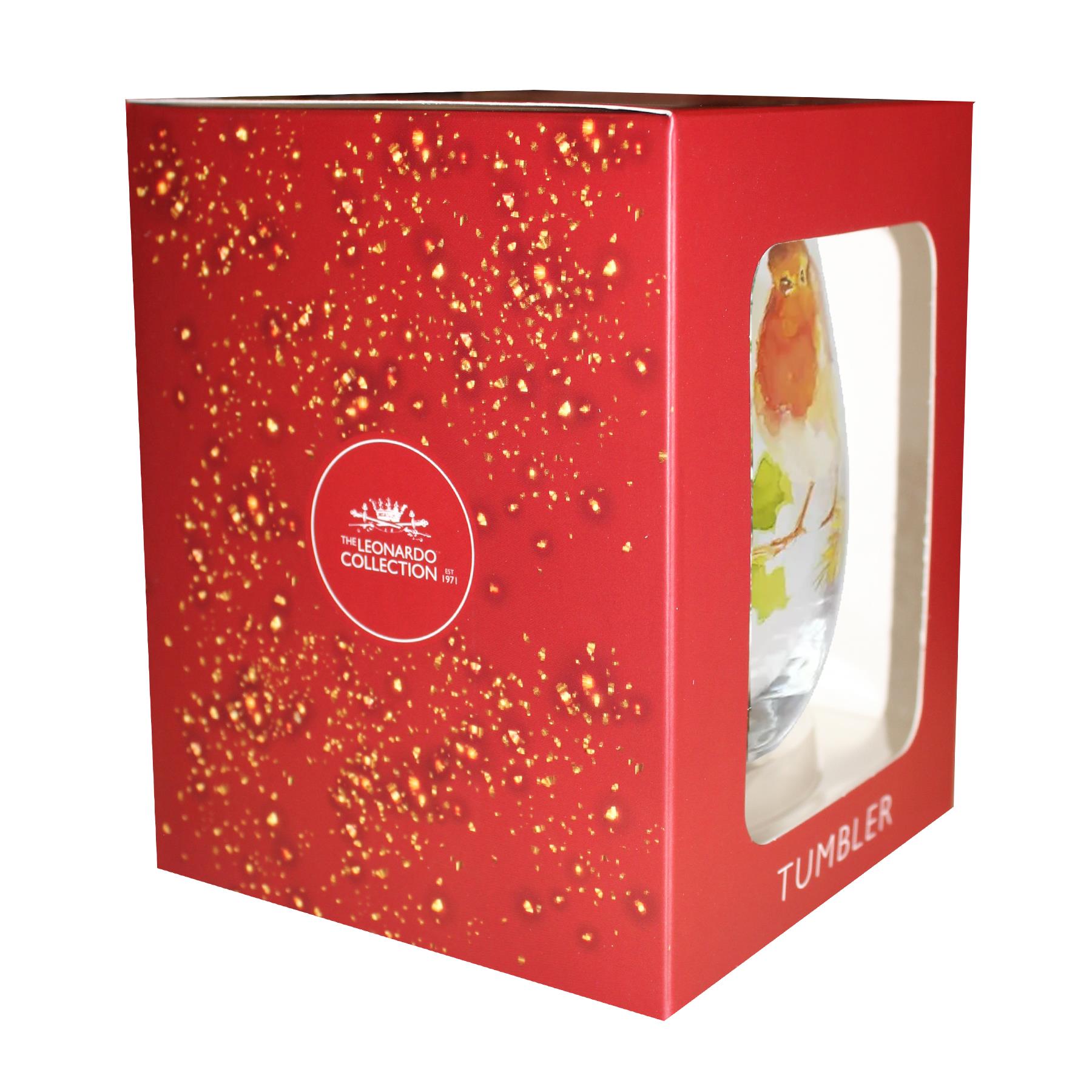 Christmas Festive Tumbler Glass Stemless Wine Glass Robin with Berries Design