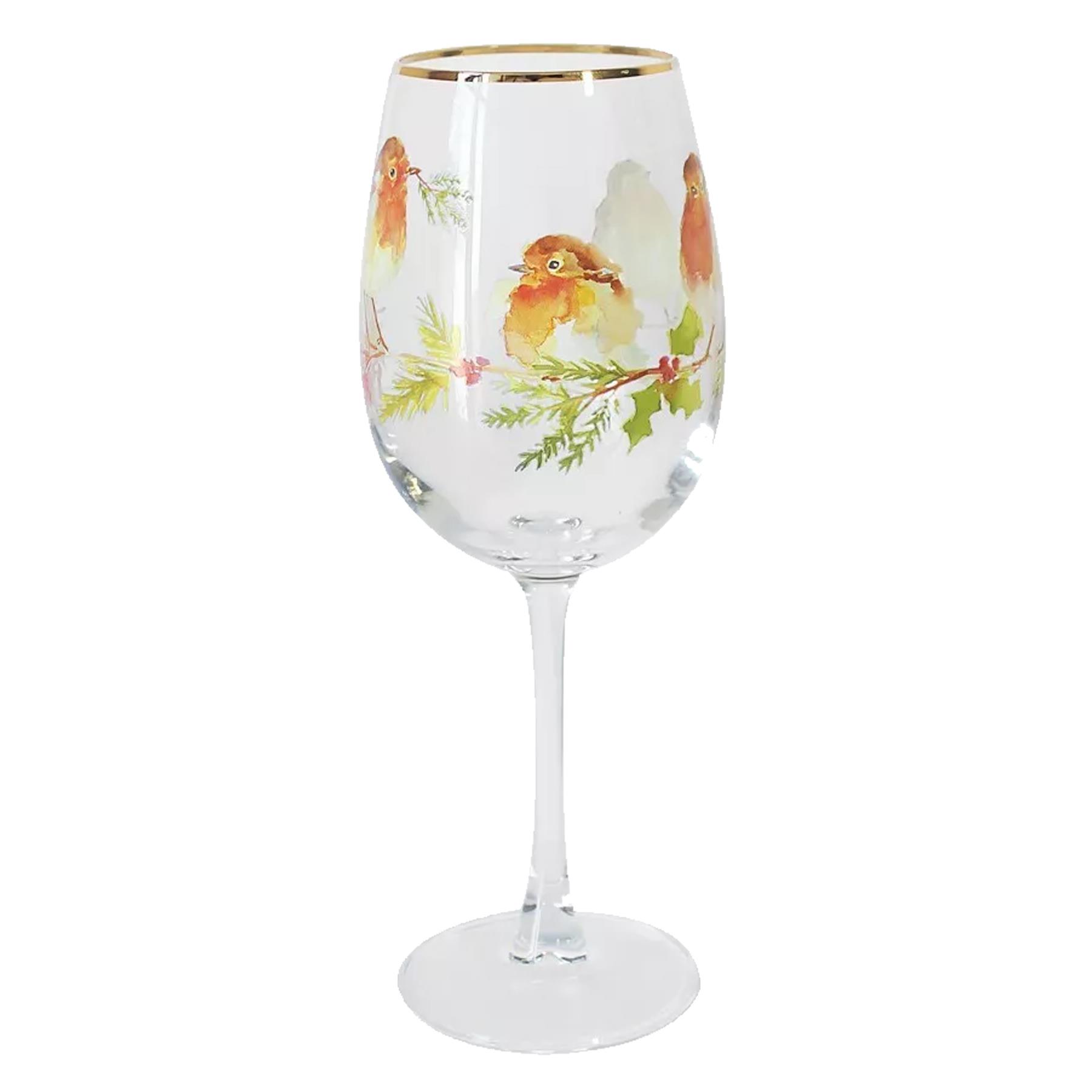 Christmas Festive Wine Glass Robin with Berries Design