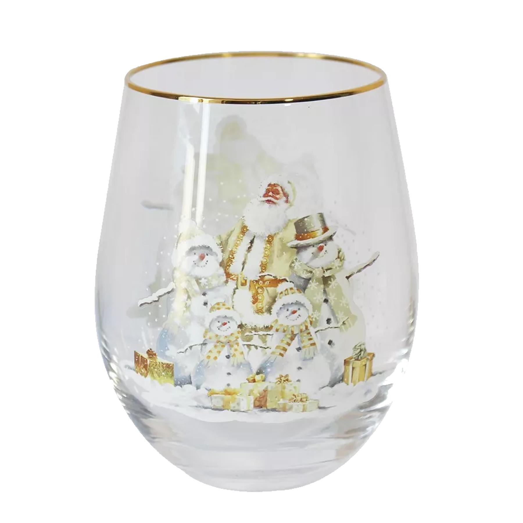 Christmas Festive Tumbler Glass Stemless Wine Glass Santa and Snowman Design