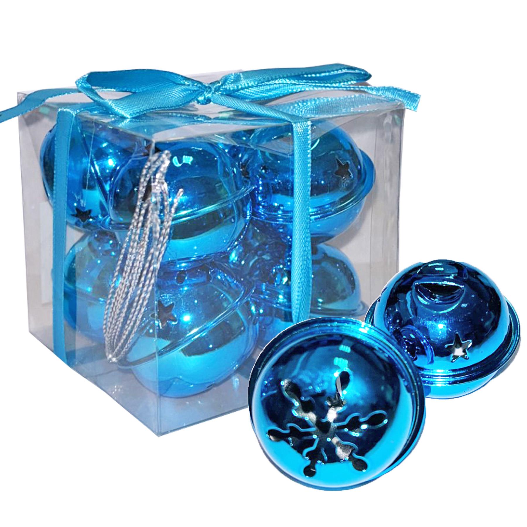 Christmas Jingle Bell Baubles Tree Decoration 8 Pack Snowflake 40mm - Blue