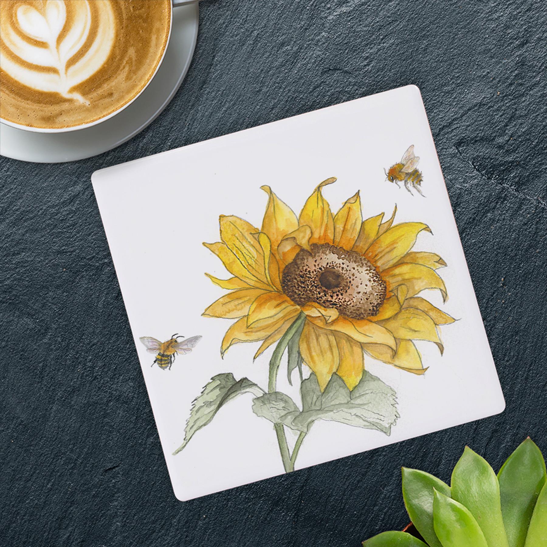Sunflower Bee-tanical Coaster White with Cork Back