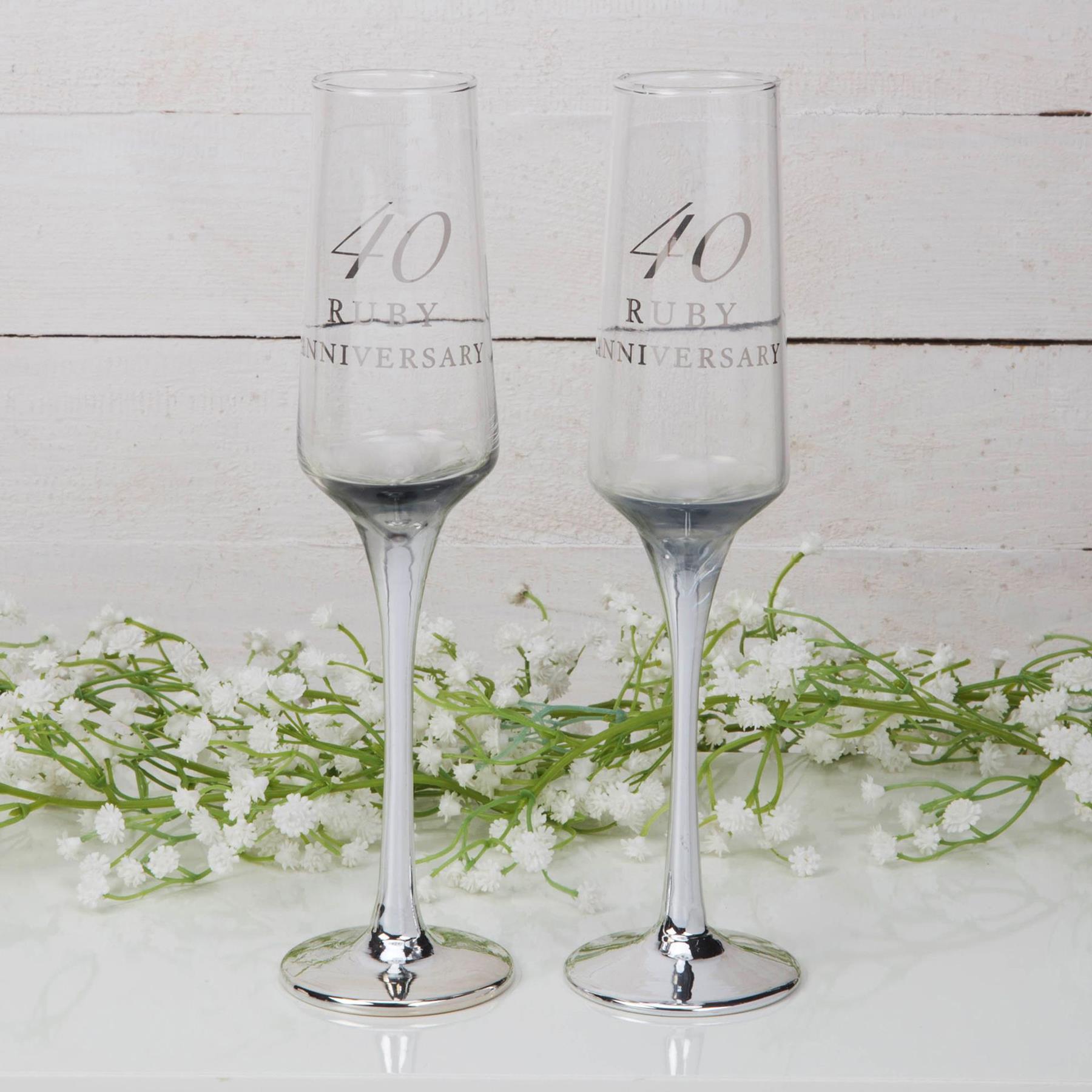 Set of 2 Champagne Flutes 40th Anniversary Clear Glasses with Silver Stem In Gift Box