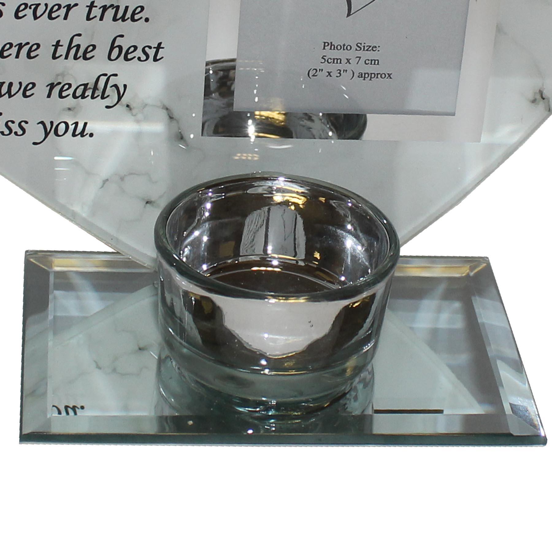 Glass Memorial Tea Light Candle Holder Photo Frame Marble Effect - Mum and Dad