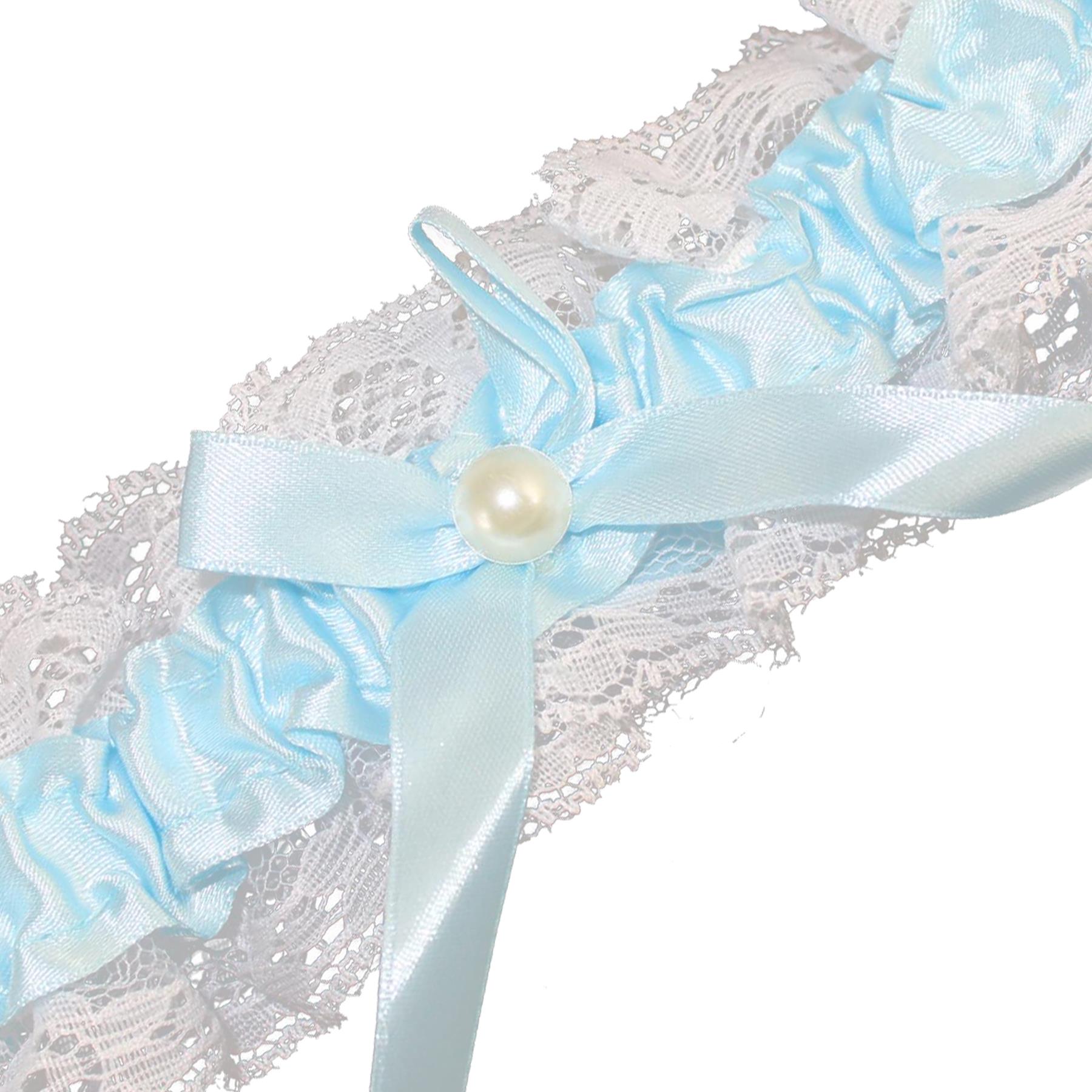 Wedding Day Garter Blue Satin with White Lace and Pearl Bead