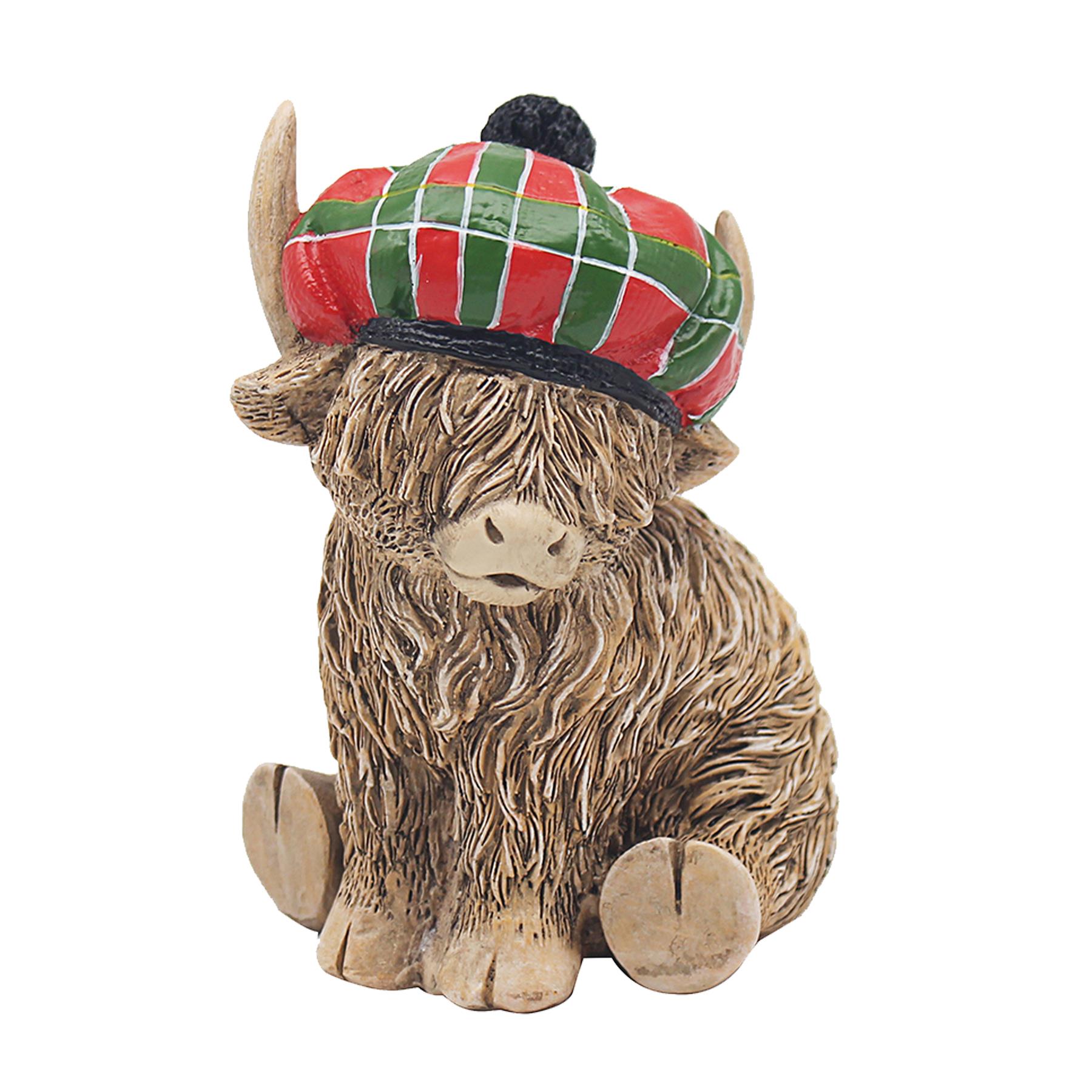 Highland Cow With Tartan Hat Ornament Resin 12cm